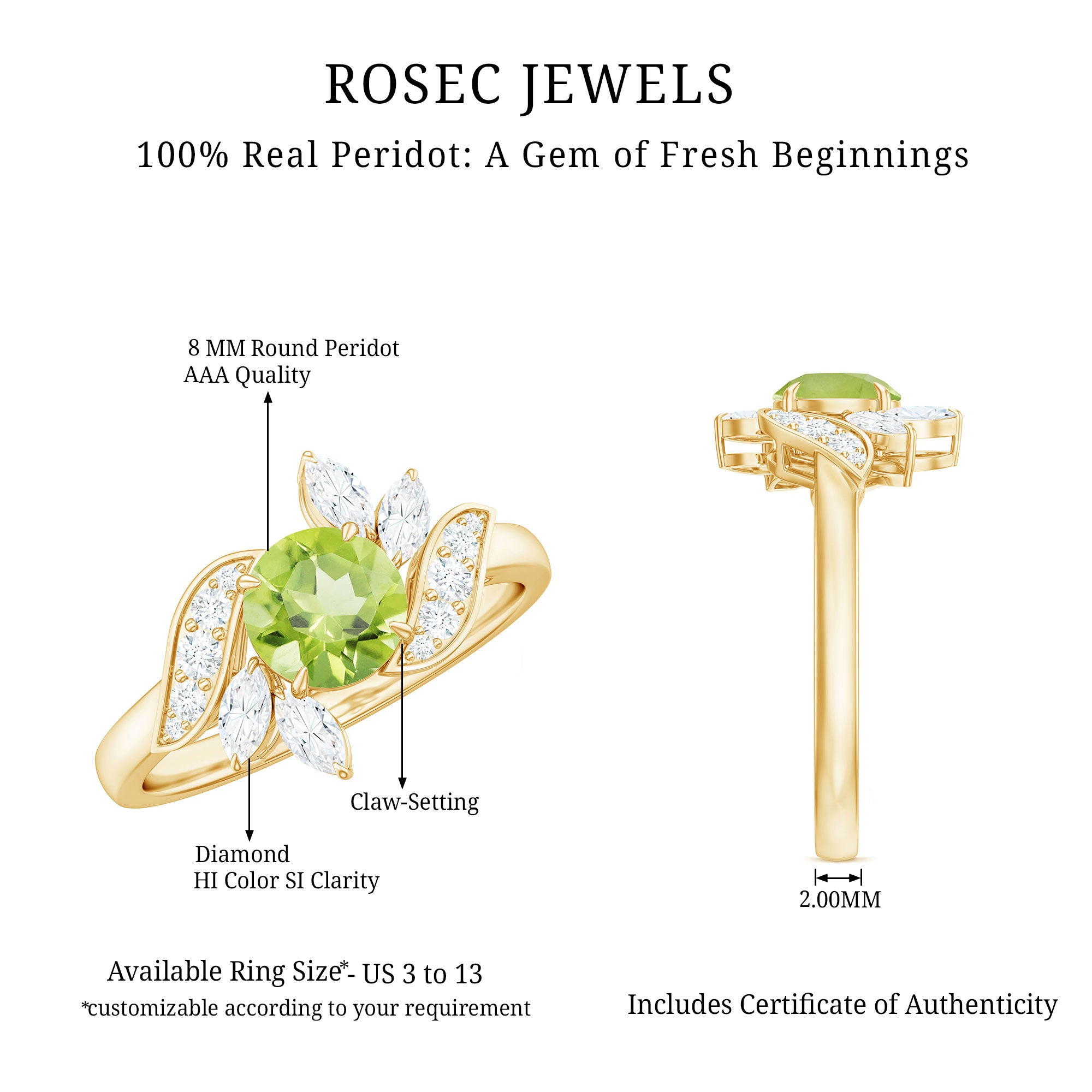 Nature Inspired 2 Carat Peridot Engagement Ring with Diamond AAA - Rosec Jewels