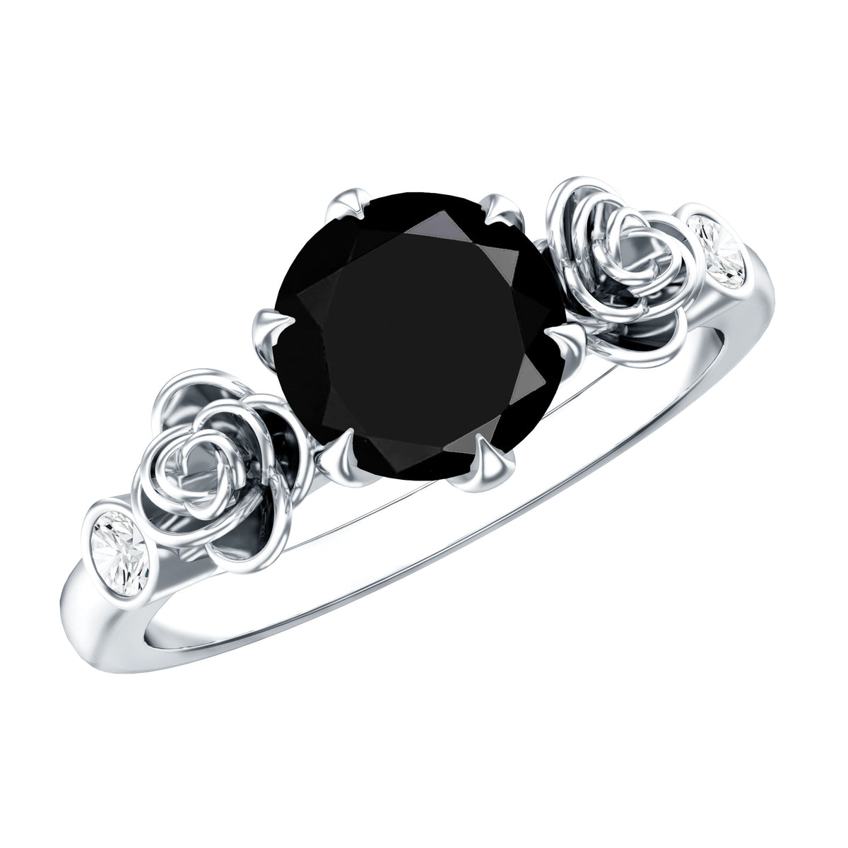 Natural Black Spinel Floral Engagement Ring with Diamond AAA - Rosec Jewels