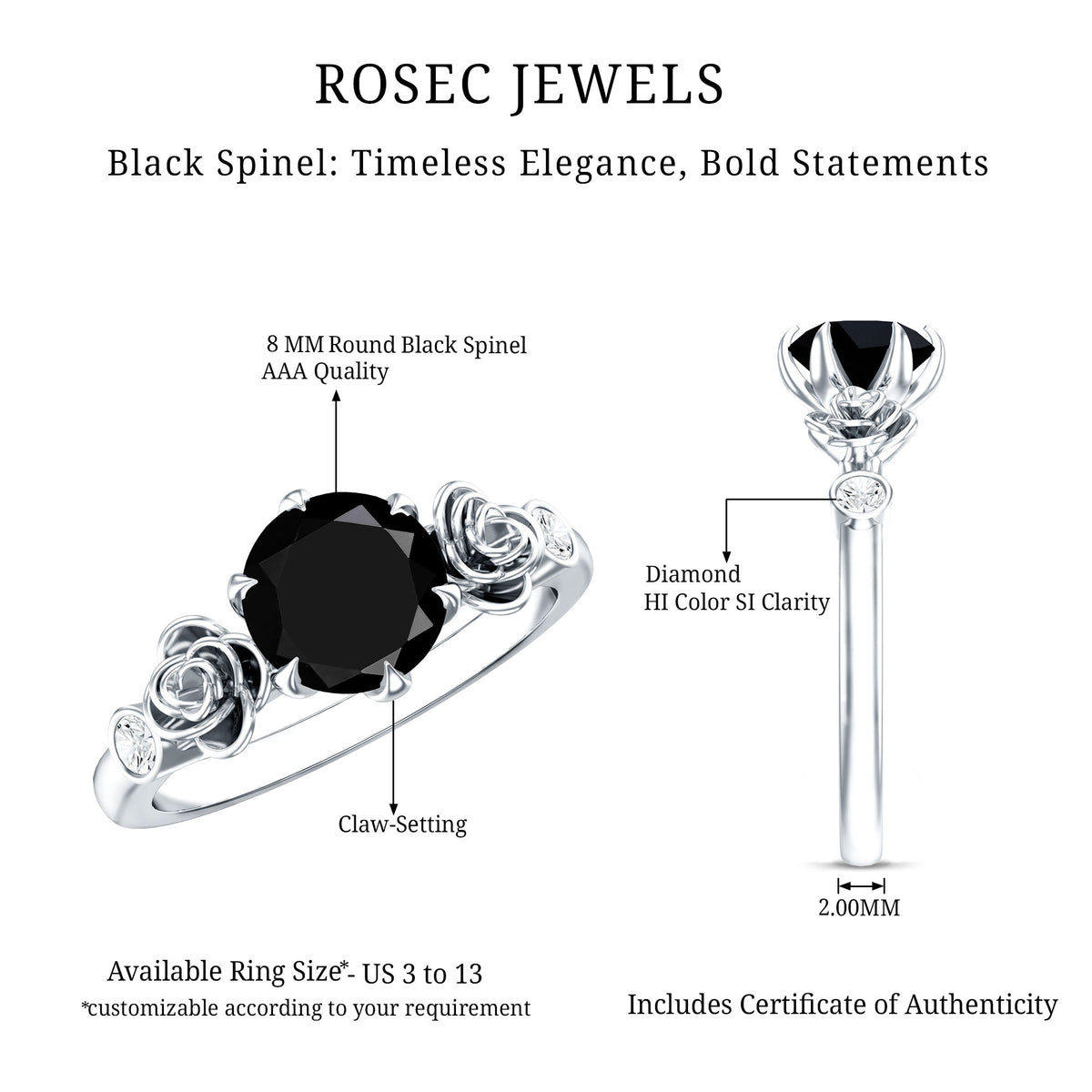 Natural Black Spinel Floral Engagement Ring with Diamond AAA - Rosec Jewels