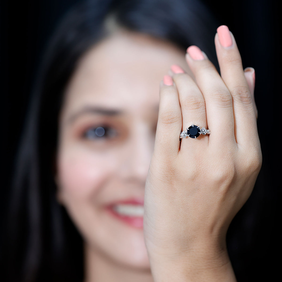Natural Black Spinel Floral Engagement Ring with Diamond AAA - Rosec Jewels
