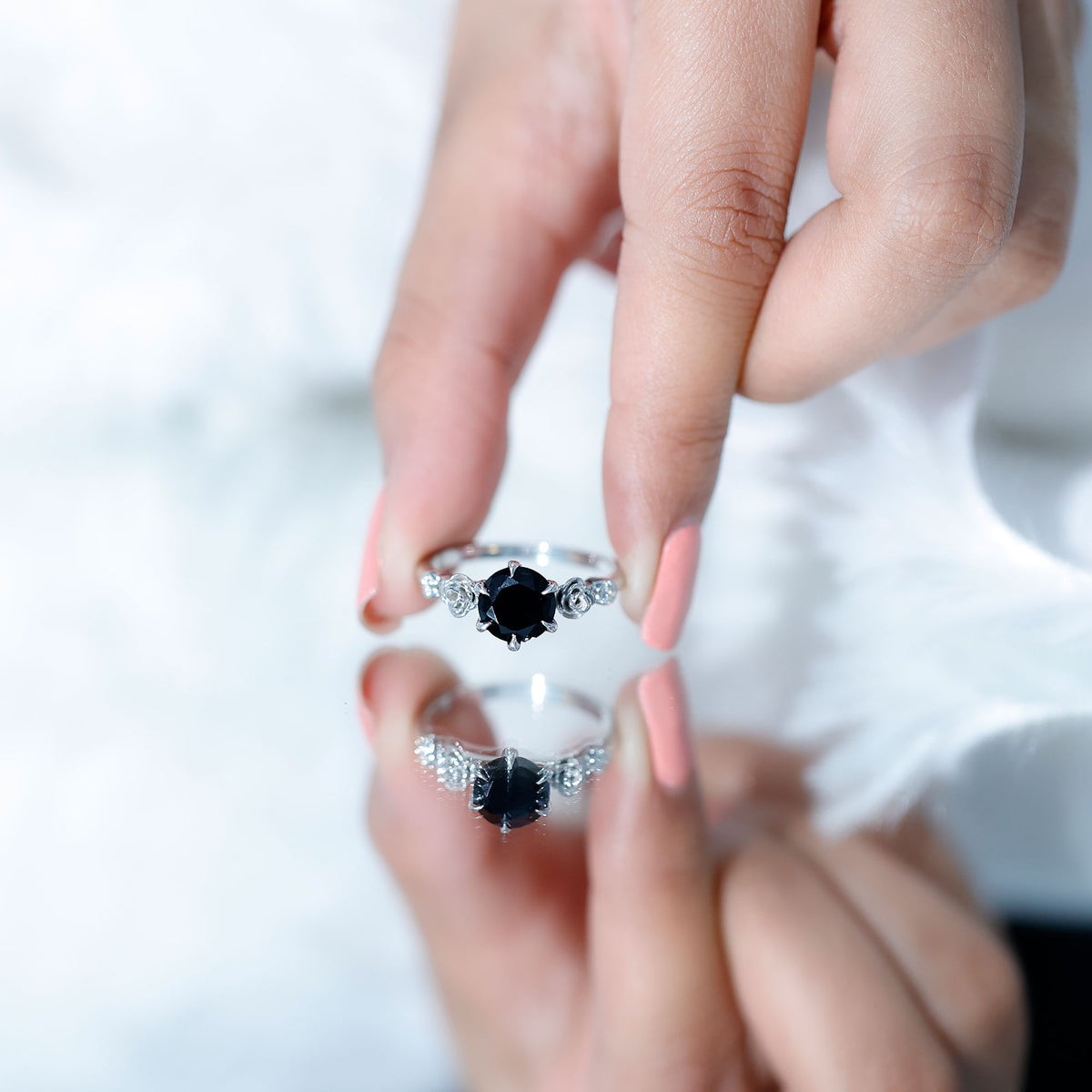 Natural Black Spinel Floral Engagement Ring with Diamond AAA - Rosec Jewels