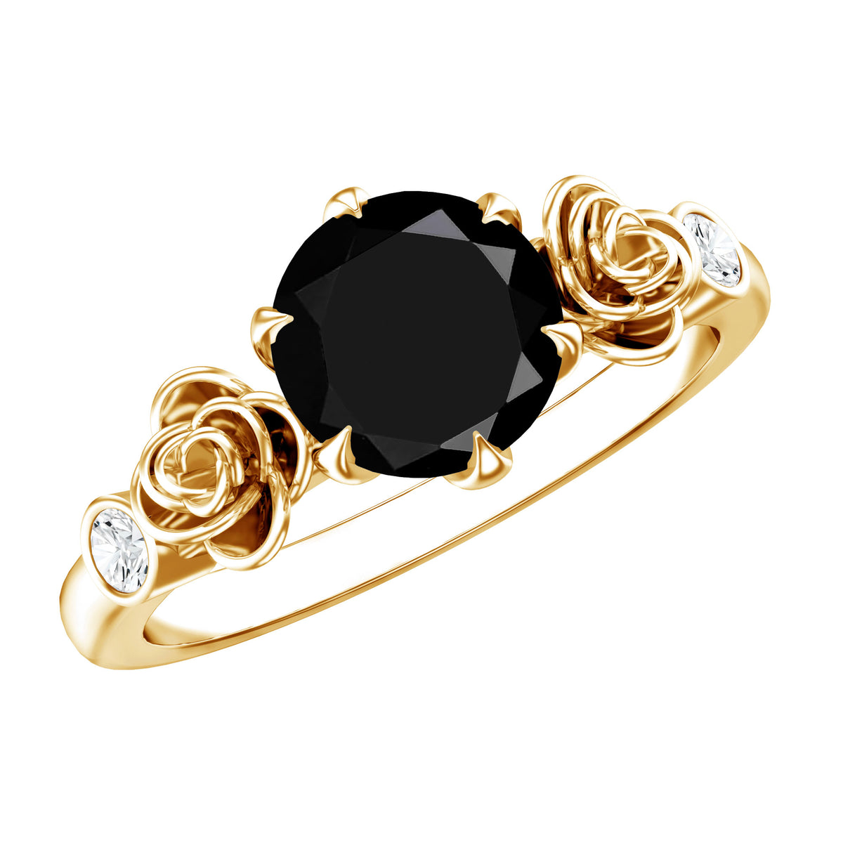 Natural Black Spinel Floral Engagement Ring with Diamond AAA - Rosec Jewels