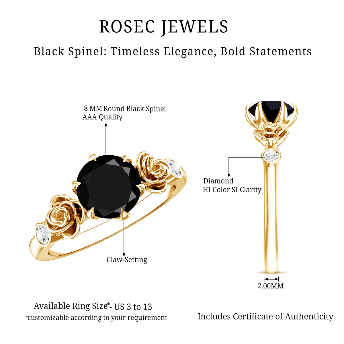 Natural Black Spinel Floral Engagement Ring with Diamond AAA - Rosec Jewels
