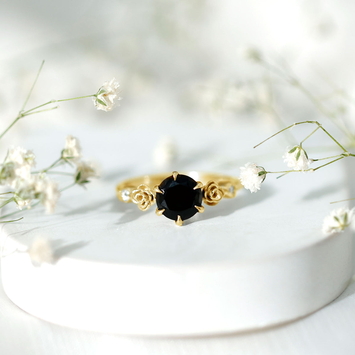 Natural Black Spinel Floral Engagement Ring with Diamond AAA - Rosec Jewels