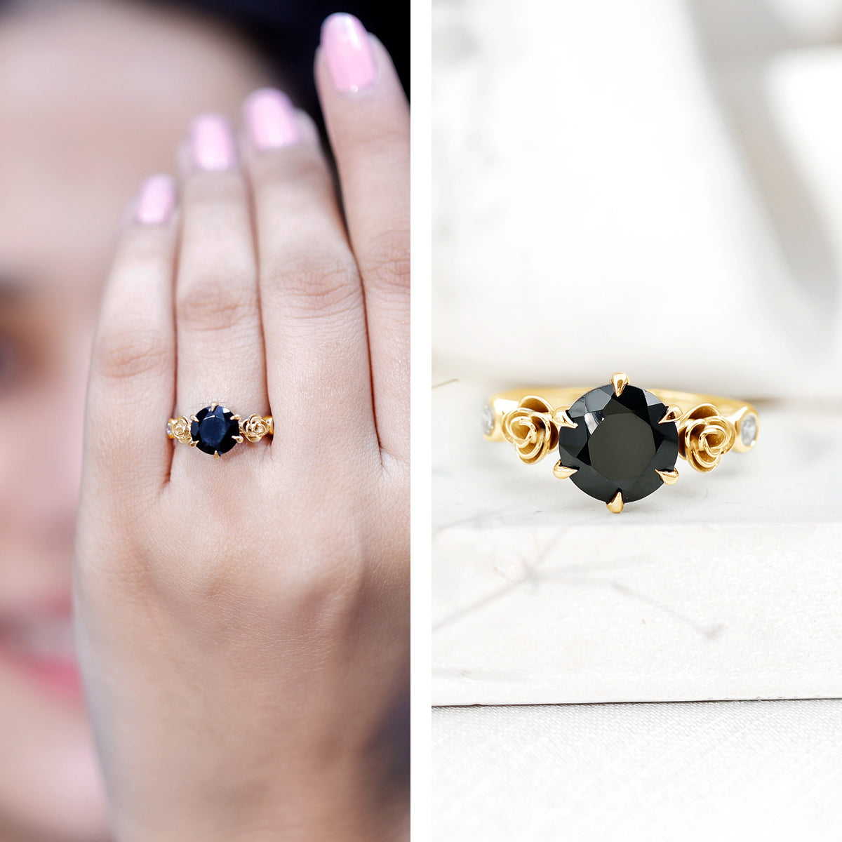 Natural Black Spinel Floral Engagement Ring with Diamond AAA - Rosec Jewels