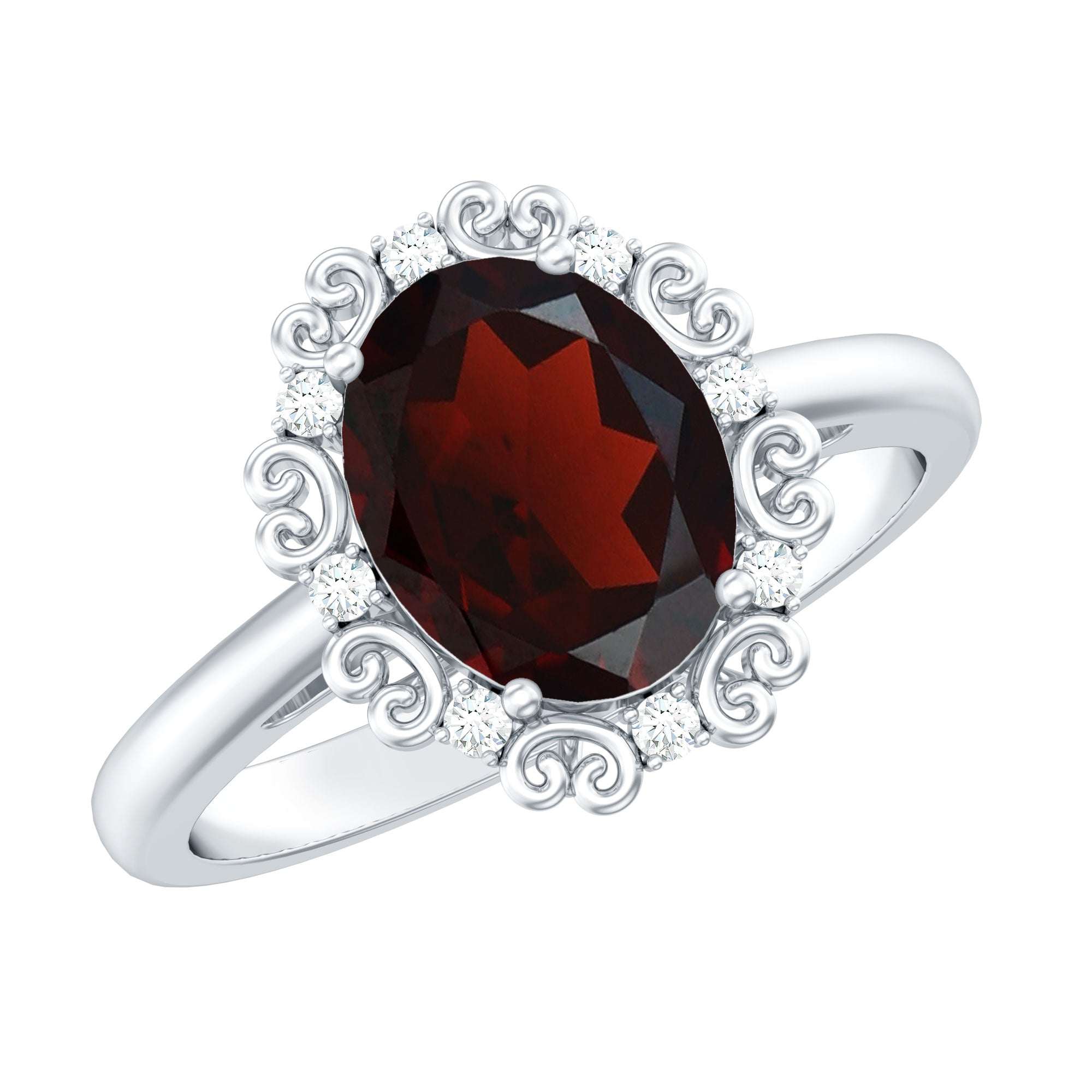 Natural 8X10mm Garnet Vintage Looking Engagement Ring with Diamond AAA - Rosec Jewels