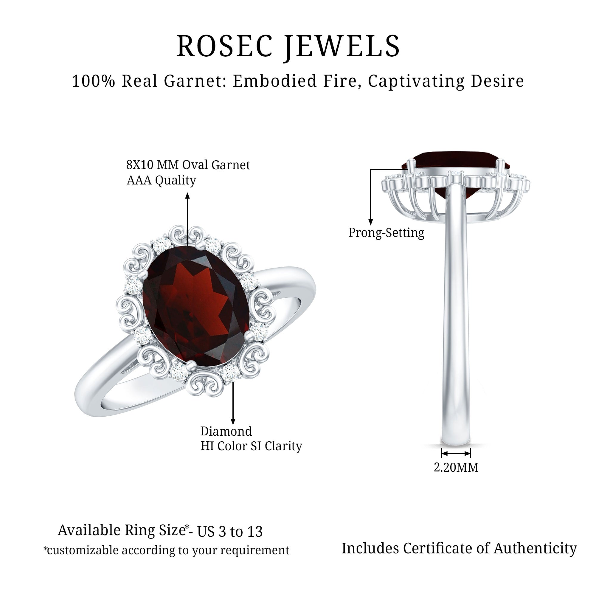 Natural 8X10mm Garnet Vintage Looking Engagement Ring with Diamond AAA - Rosec Jewels
