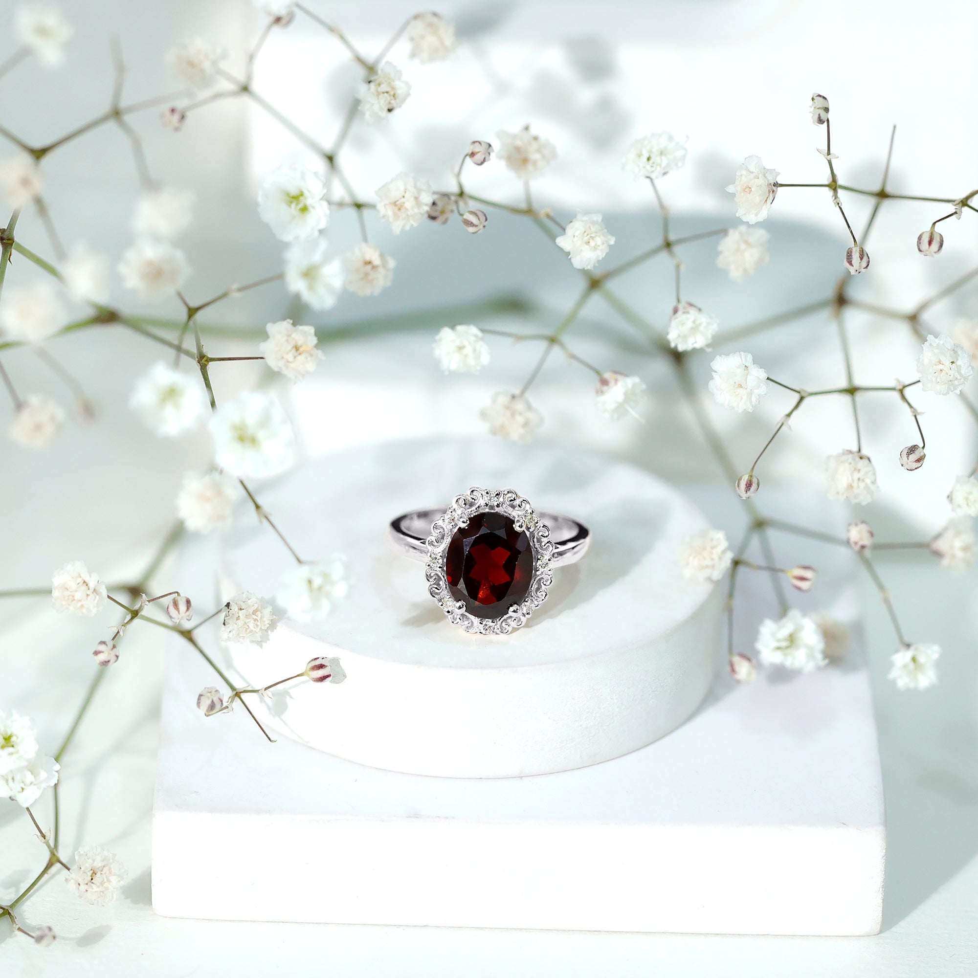 Natural 8X10mm Garnet Vintage Looking Engagement Ring with Diamond AAA - Rosec Jewels