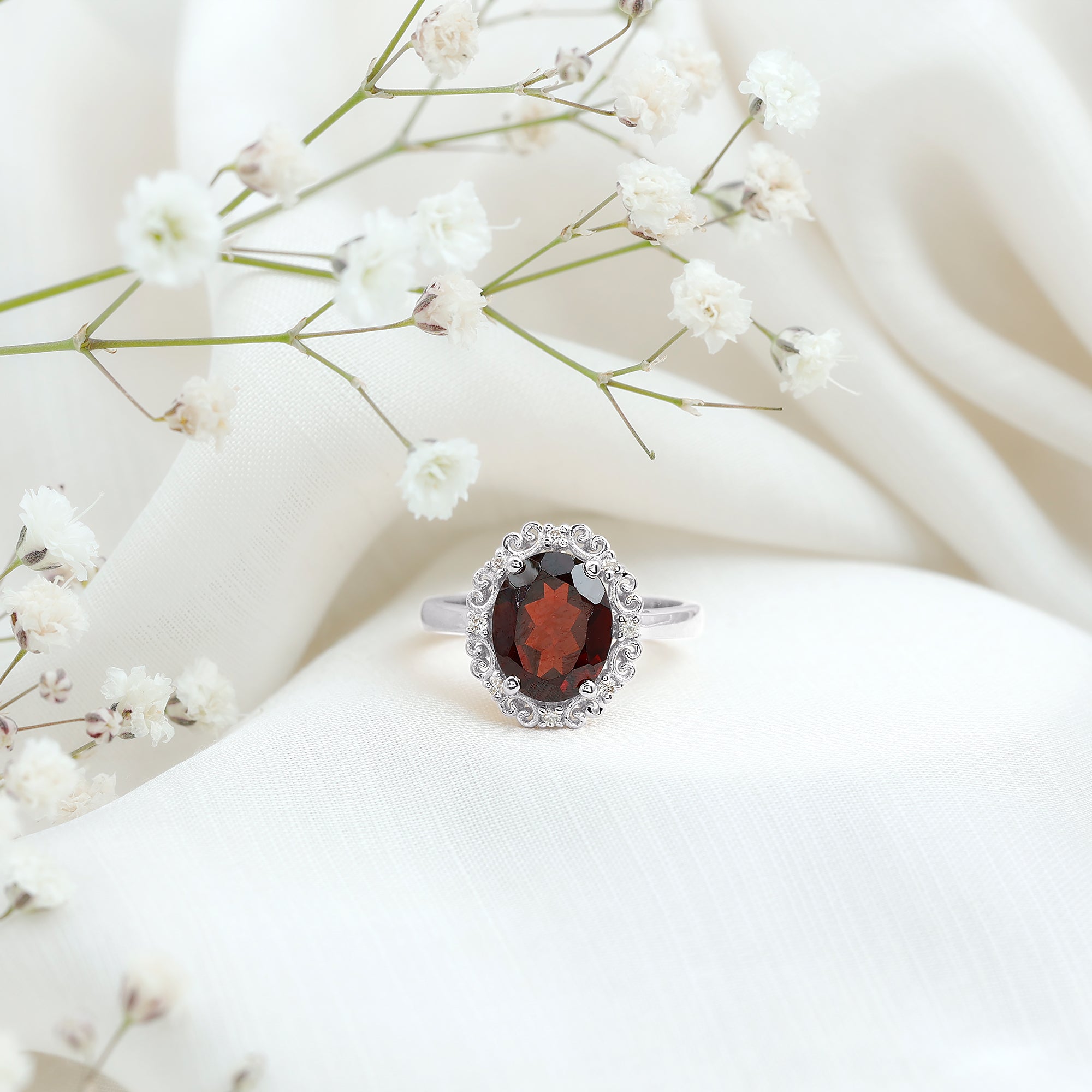 Natural 8X10mm Garnet Vintage Looking Engagement Ring with Diamond AAA - Rosec Jewels