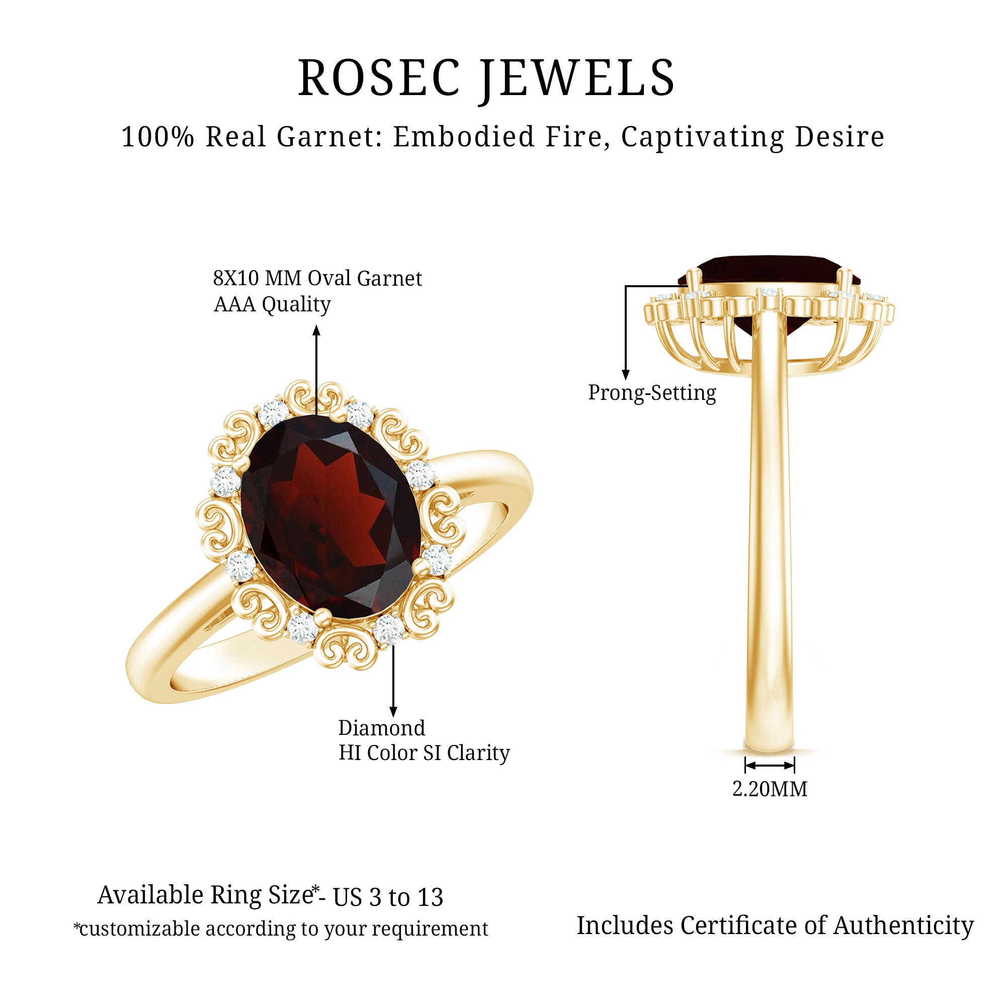 Natural 8X10mm Garnet Vintage Looking Engagement Ring with Diamond AAA - Rosec Jewels