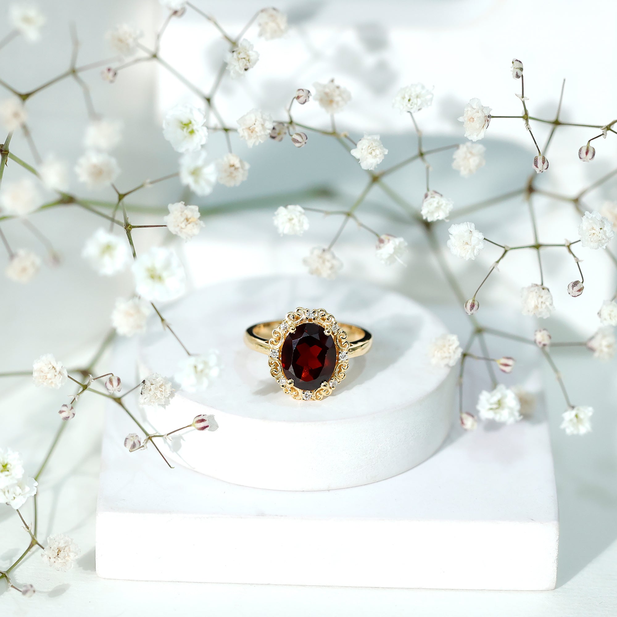 Natural 8X10mm Garnet Vintage Looking Engagement Ring with Diamond AAA - Rosec Jewels