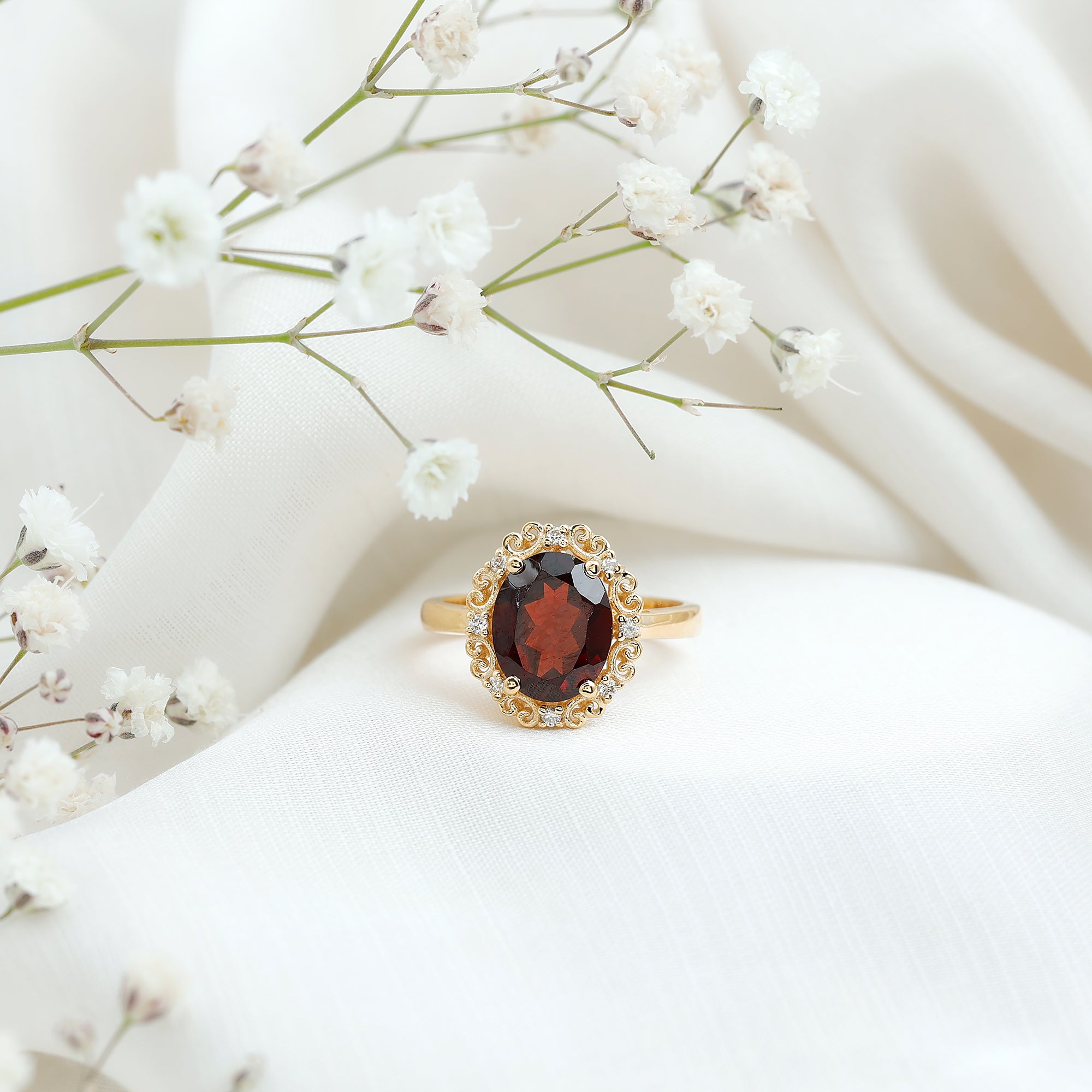 Natural 8X10mm Garnet Vintage Looking Engagement Ring with Diamond AAA - Rosec Jewels