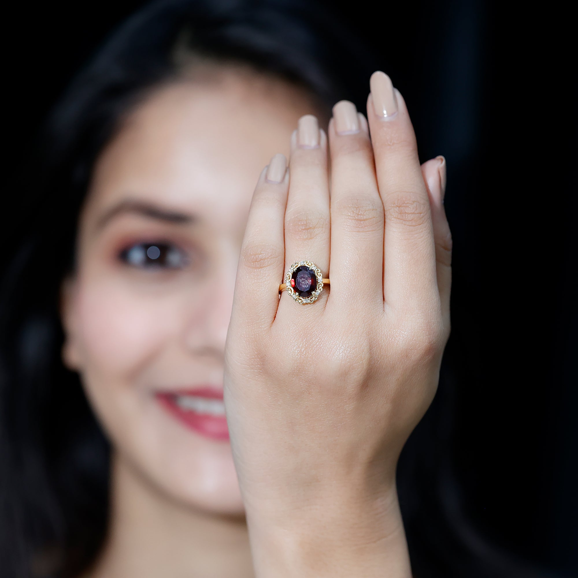 Natural 8X10mm Garnet Vintage Looking Engagement Ring with Diamond AAA - Rosec Jewels