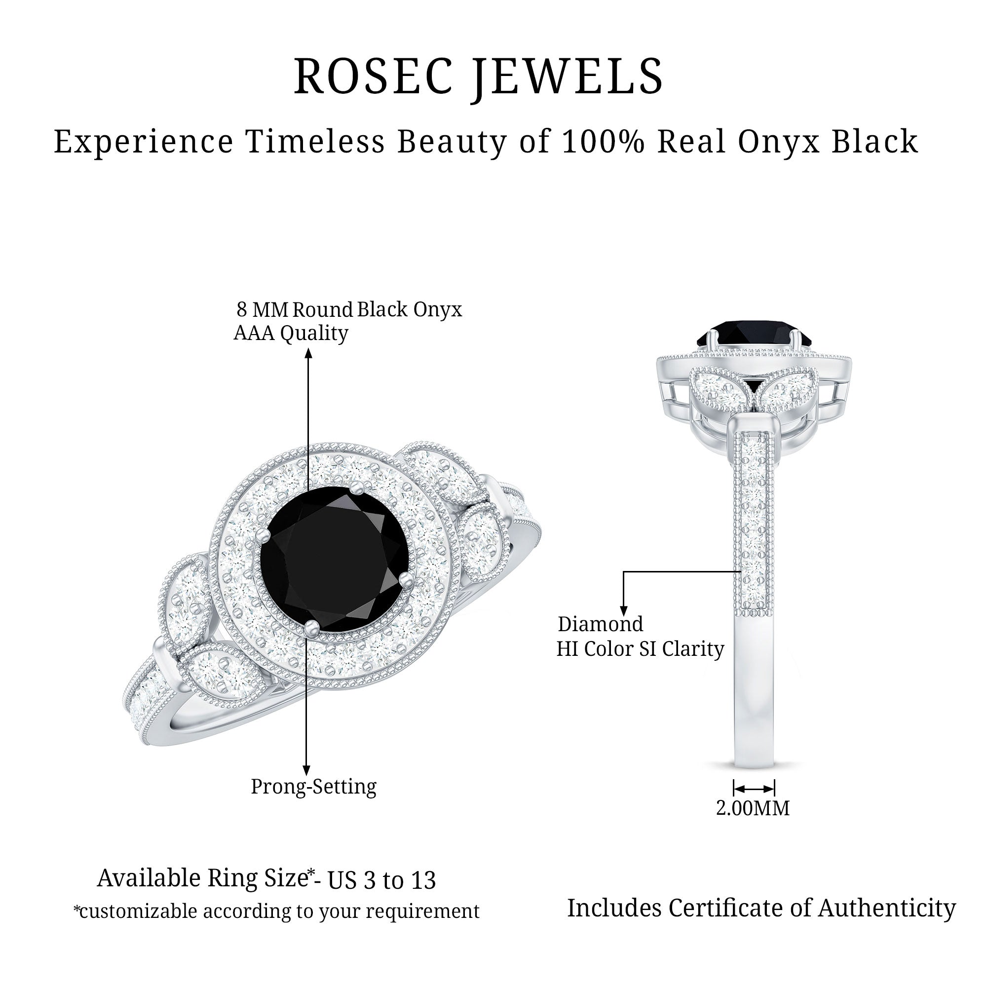 8mm Round Black Onyx Vintage Engagement Ring with Diamond Halo AAA - Rosec Jewels