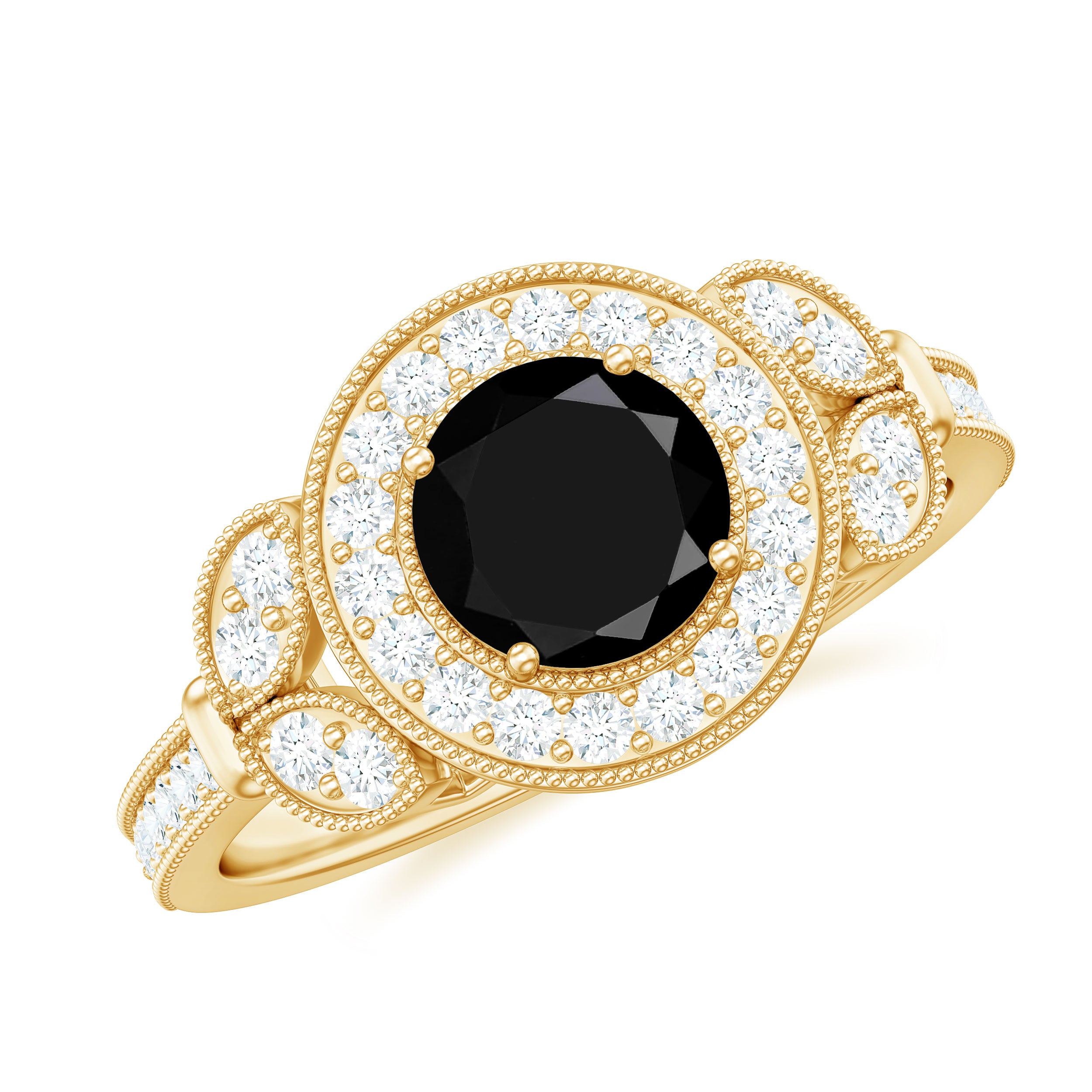 8mm Round Black Onyx Vintage Engagement Ring with Diamond Halo AAA - Rosec Jewels