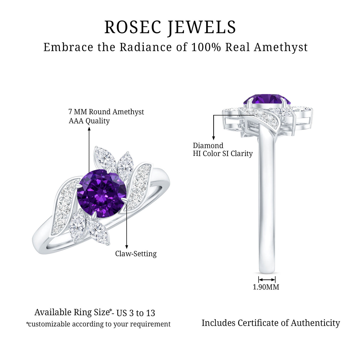 1.2 Carat Nature Inspired Amethyst Engagement Ring with Diamond AAA - Rosec Jewels