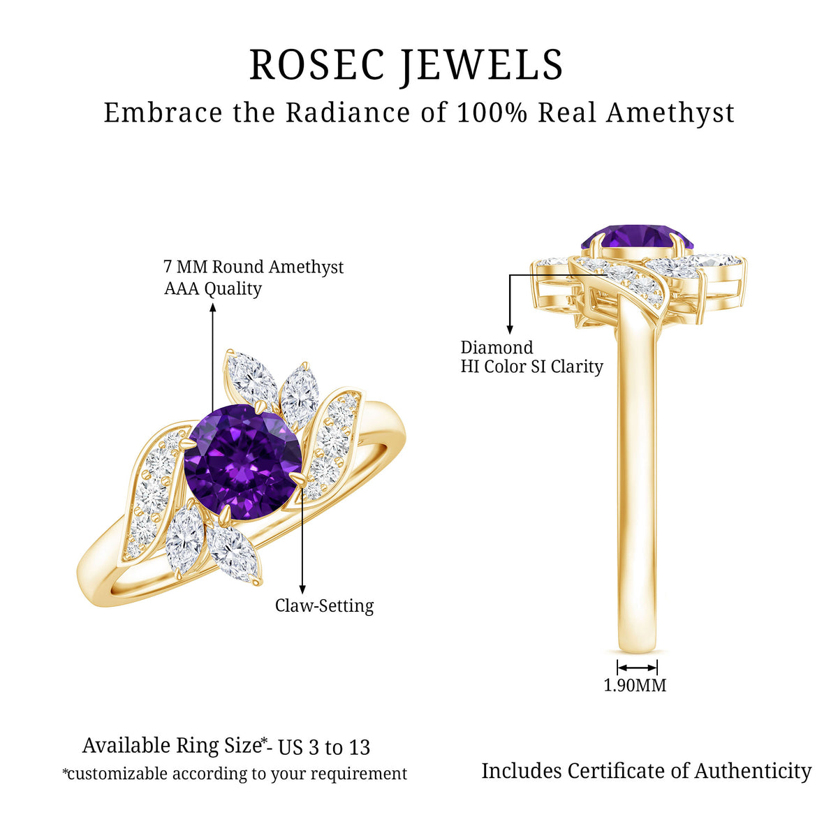 1.2 Carat Nature Inspired Amethyst Engagement Ring with Diamond AAA - Rosec Jewels