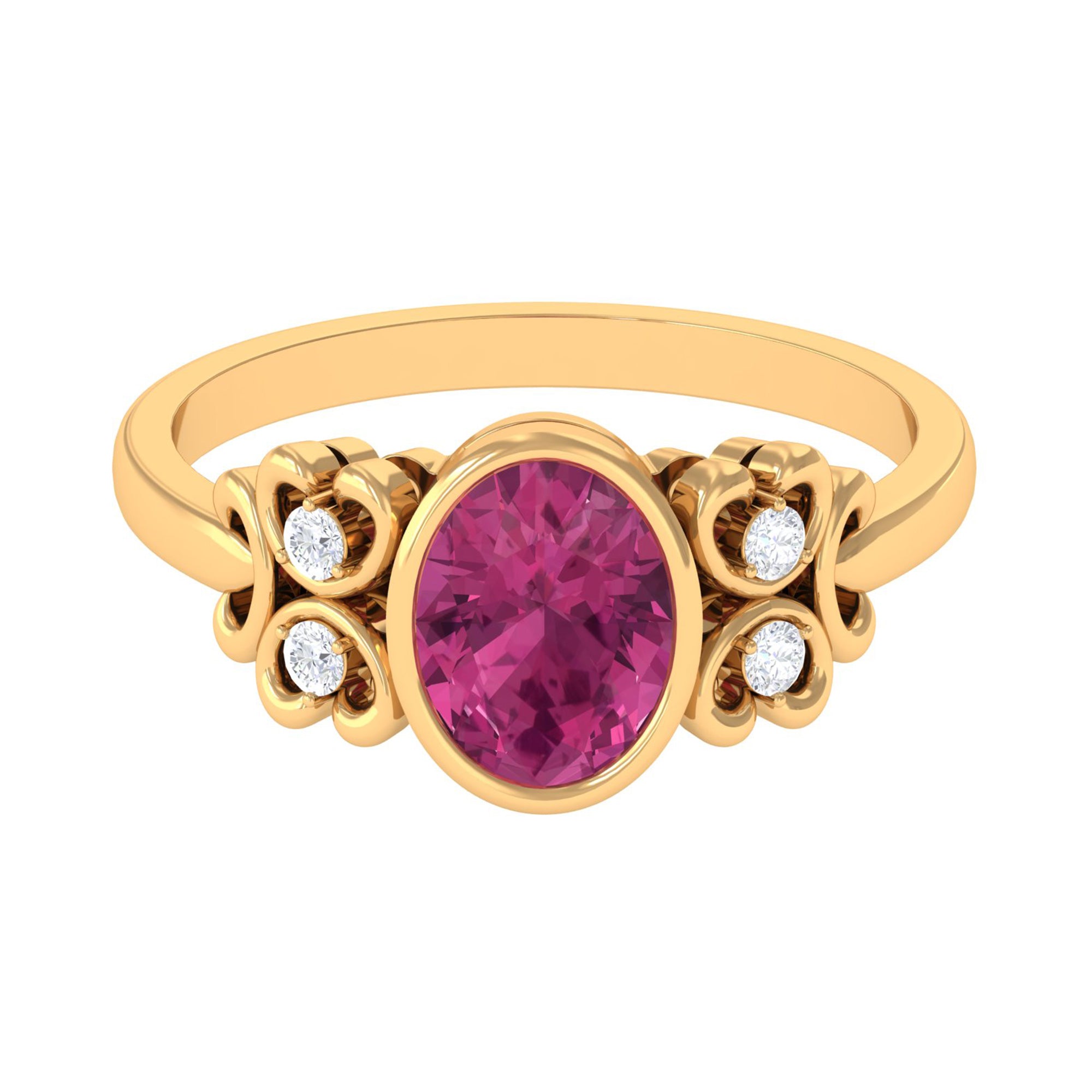 Bezel Set Oval Pink Tourmaline Statement Engagement Ring with Diamond AAA - Rosec Jewels
