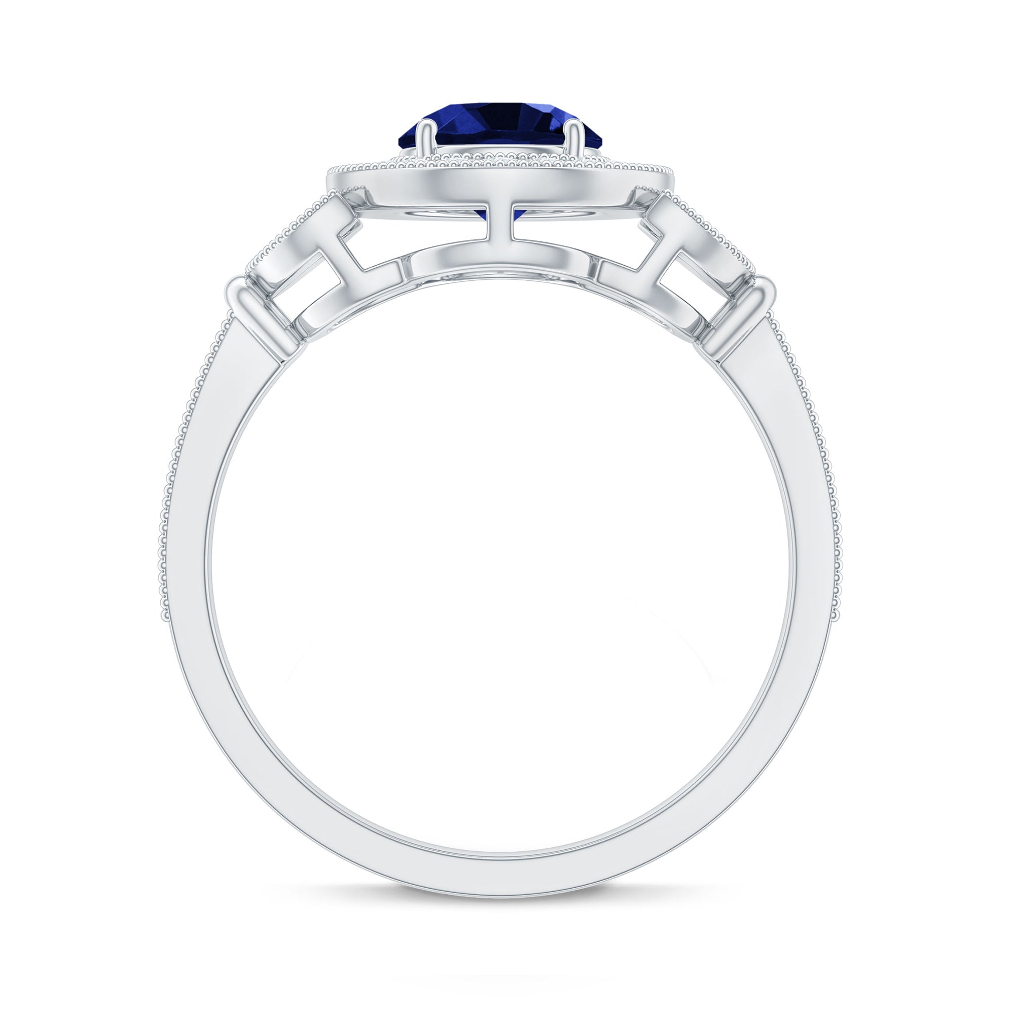 1 Carat Lab Grown Blue Sapphire Engagement Ring with Diamond Floral Halo AAAA - Rosec Jewels
