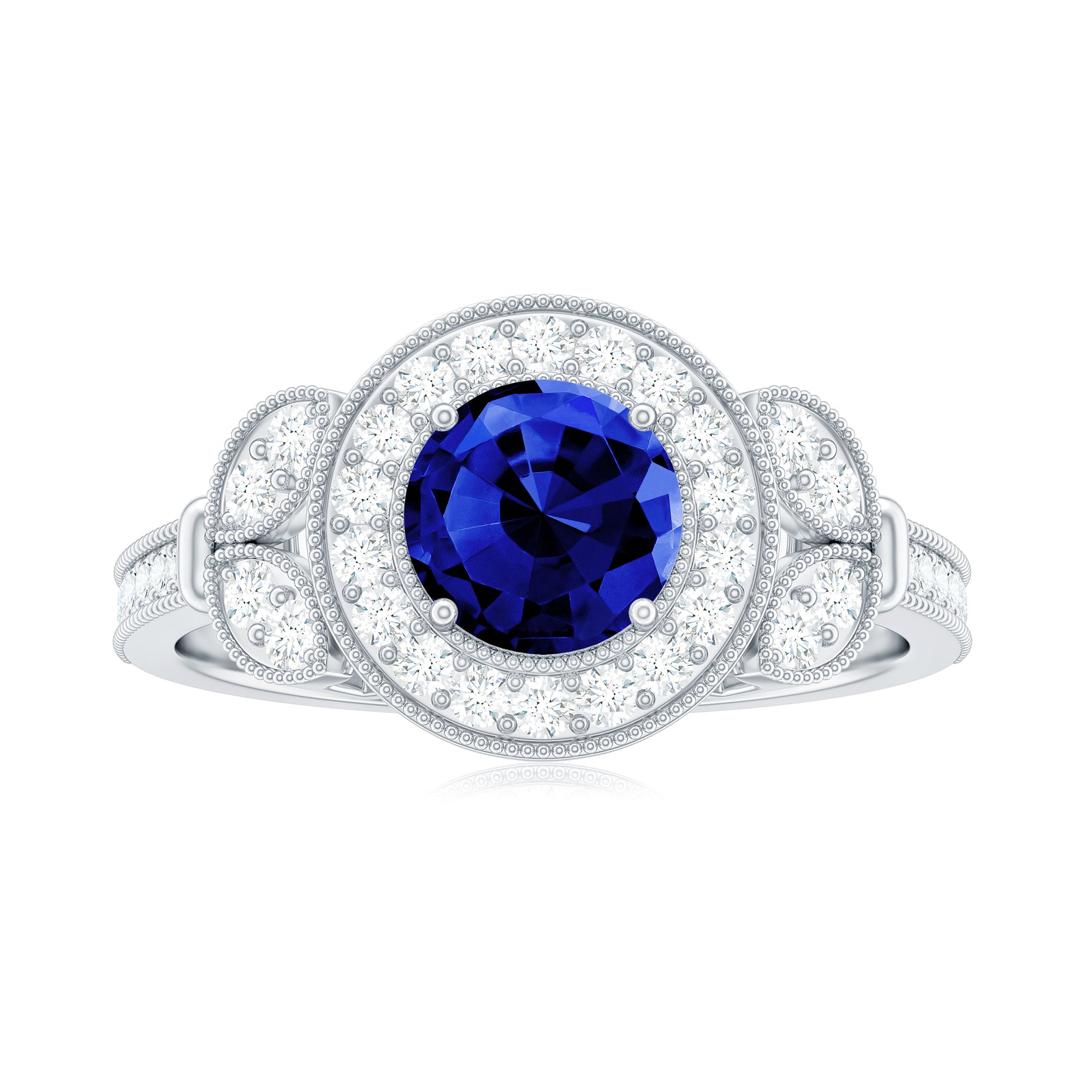 1 Carat Lab Grown Blue Sapphire Engagement Ring with Diamond Floral Halo AAAA - Rosec Jewels