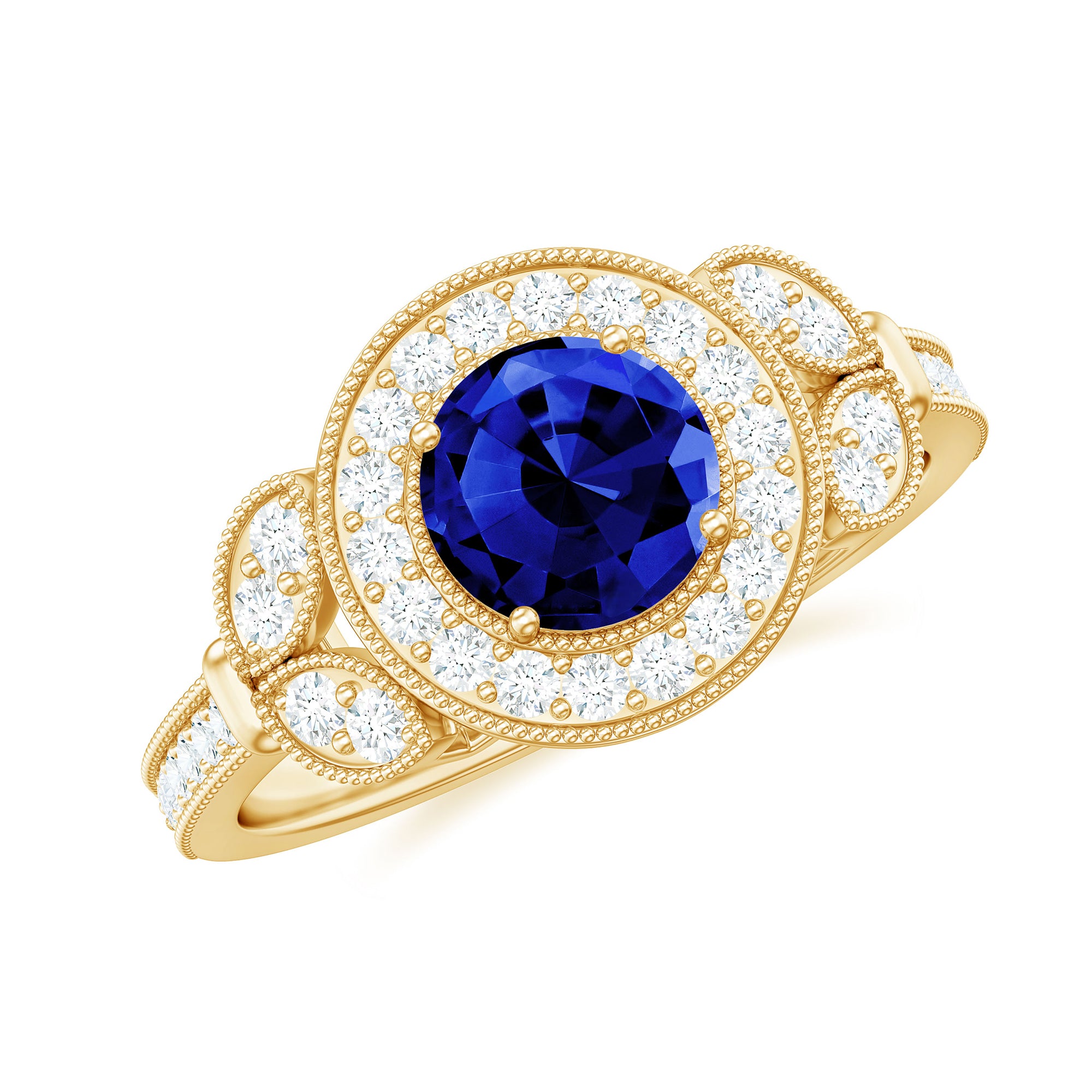 1 Carat Lab Grown Blue Sapphire Engagement Ring with Diamond Floral Halo AAAA - Rosec Jewels