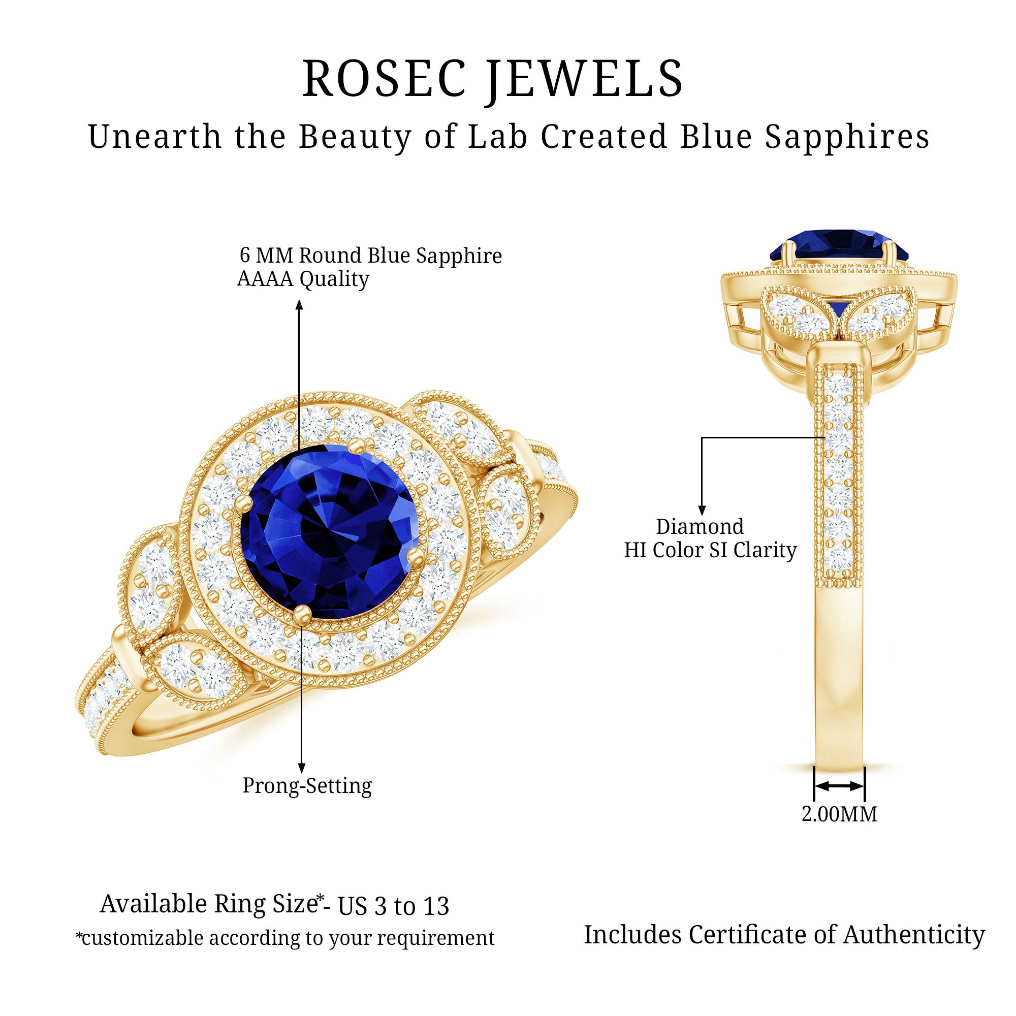 1 Carat Lab Grown Blue Sapphire Engagement Ring with Diamond Floral Halo AAAA - Rosec Jewels