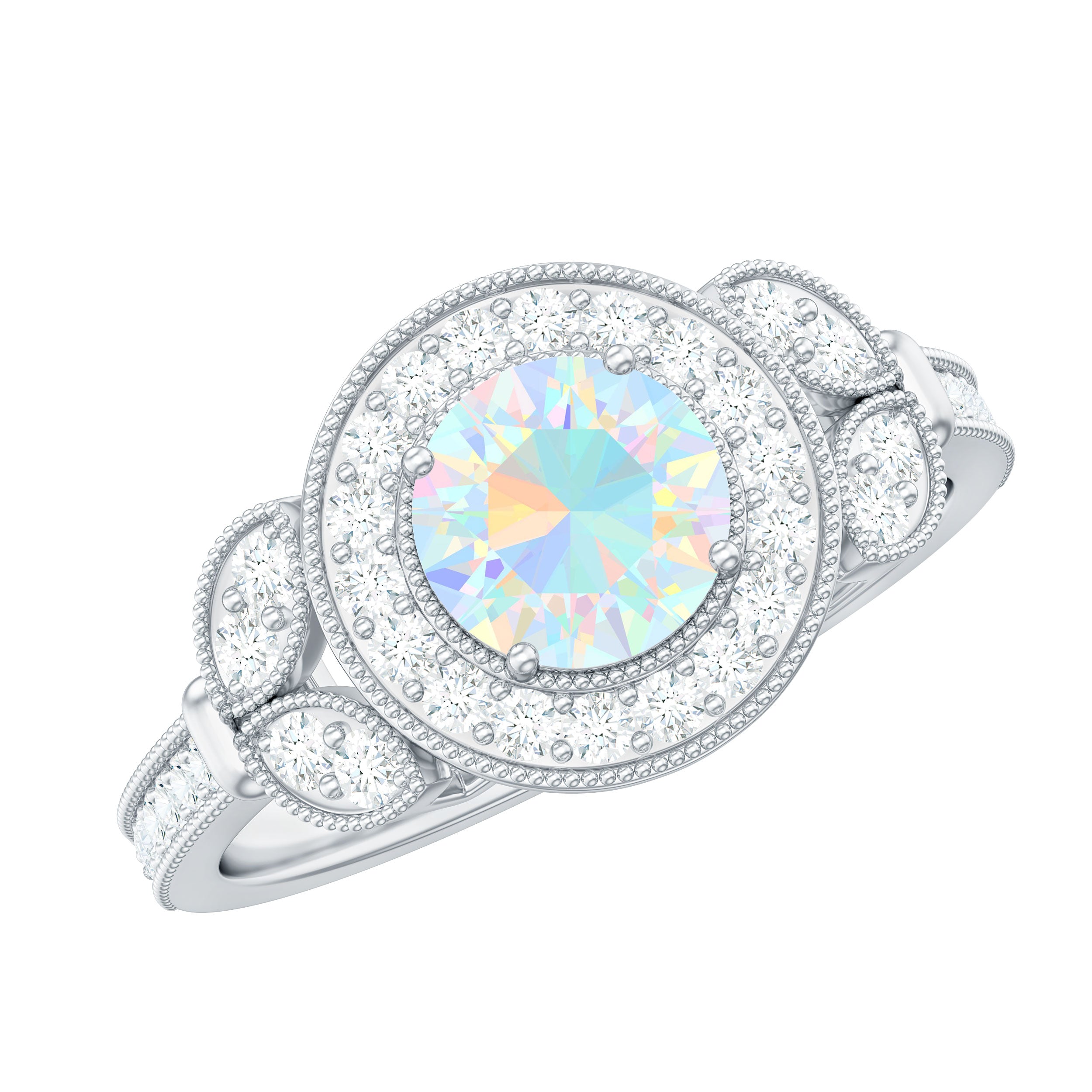 Vintage Inspired Ethiopian Rainbow Opal Engagement Ring with Diamond Halo