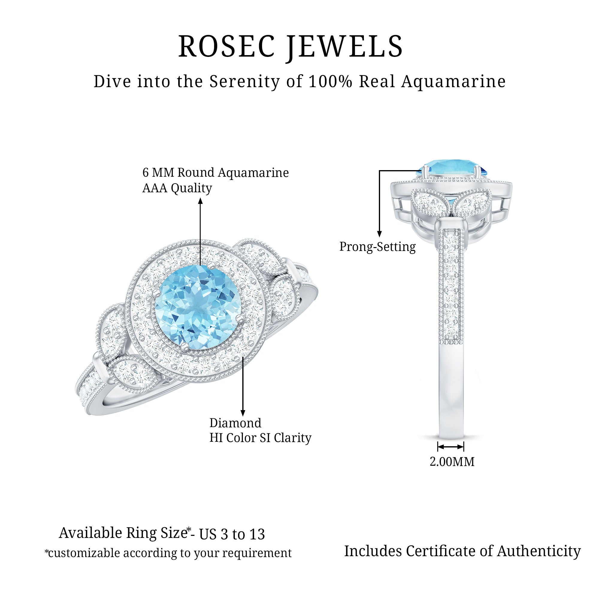 Rosec Jewels-Vintage Inspired Real Aquamarine Engagement Ring with Diamond Halo
