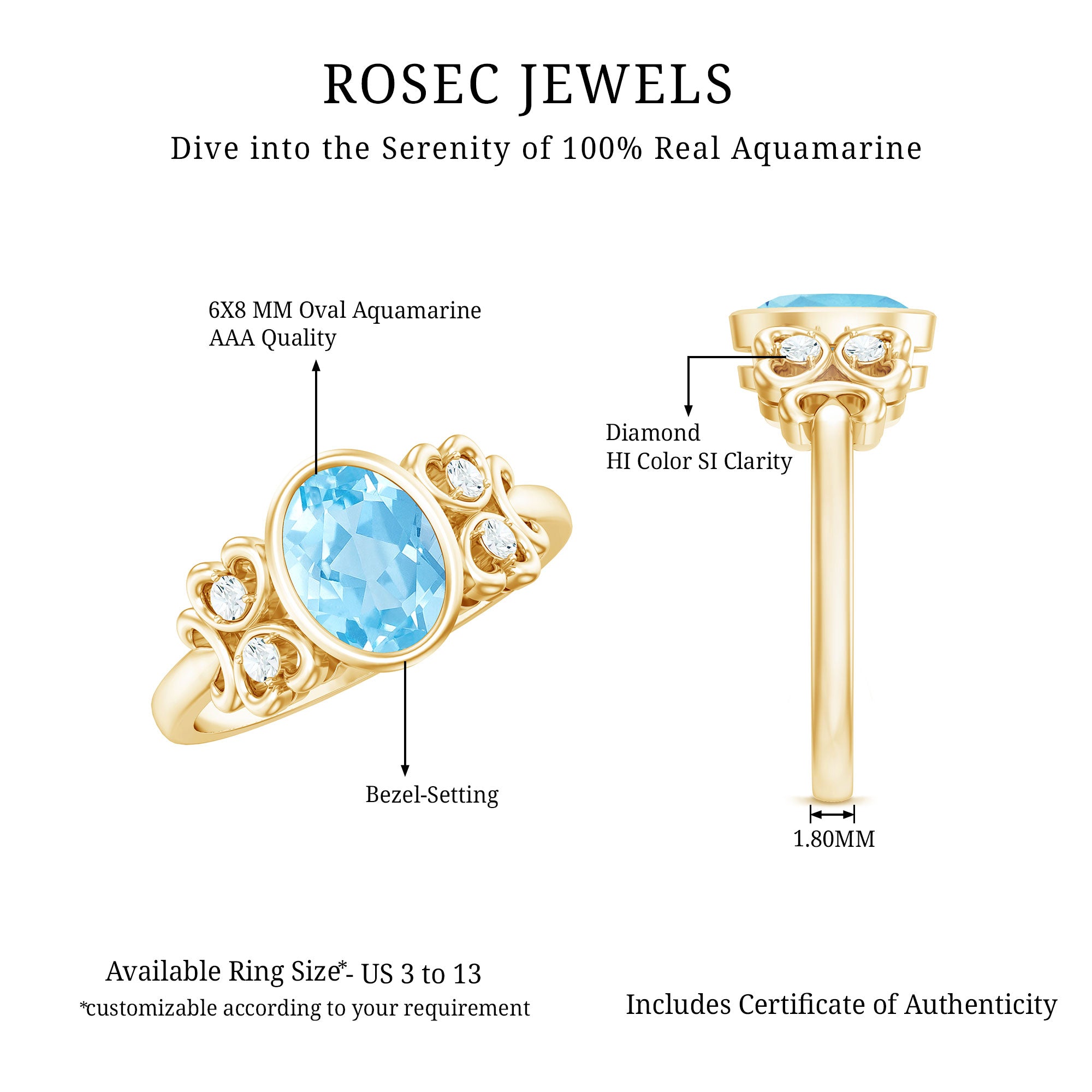 Rosec Jewels-Natural 1 Carat Oval Aquamarine Statement Engagement Ring with Diamond