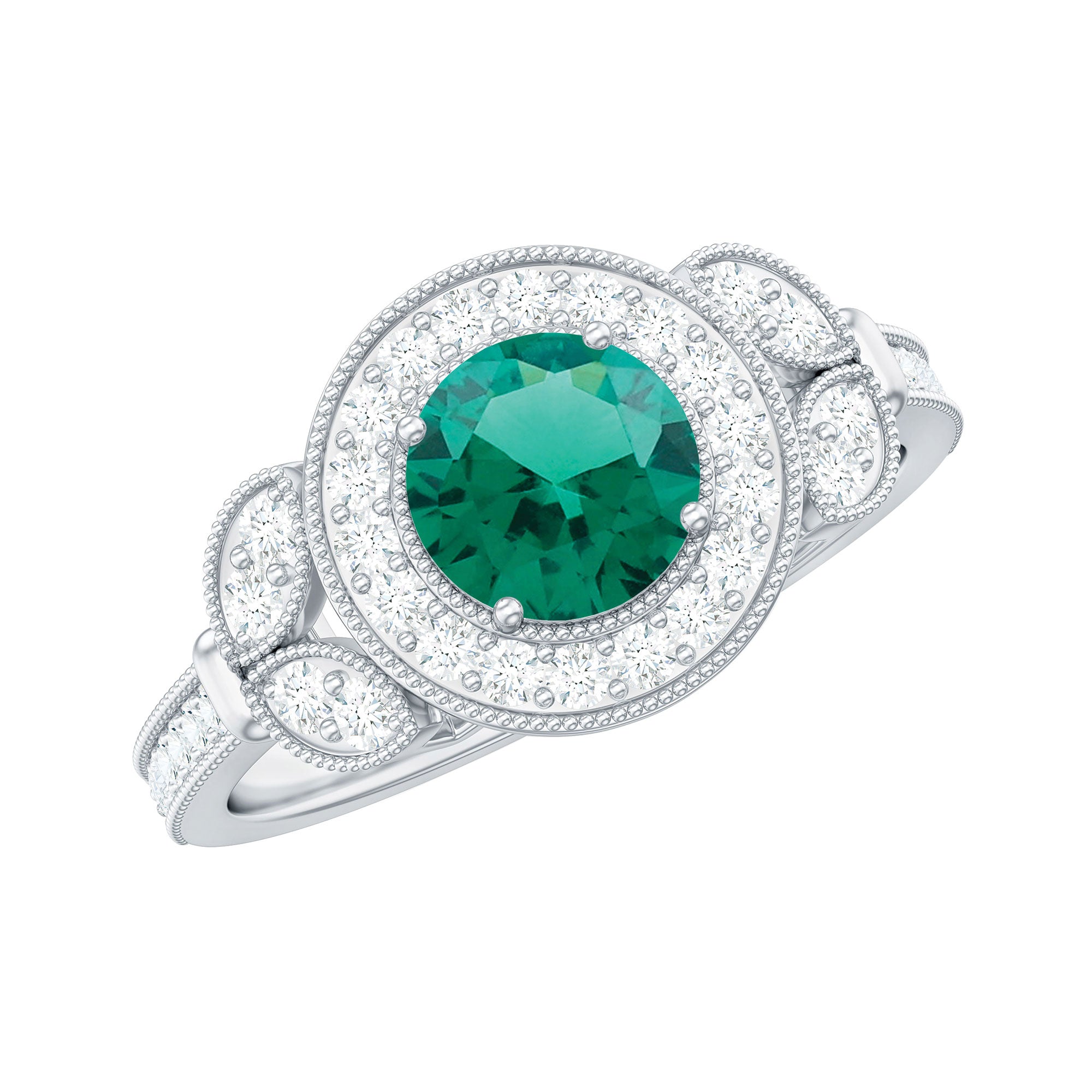 Certified Lab Grown Emerald Retro Engagement Ring with Diamond