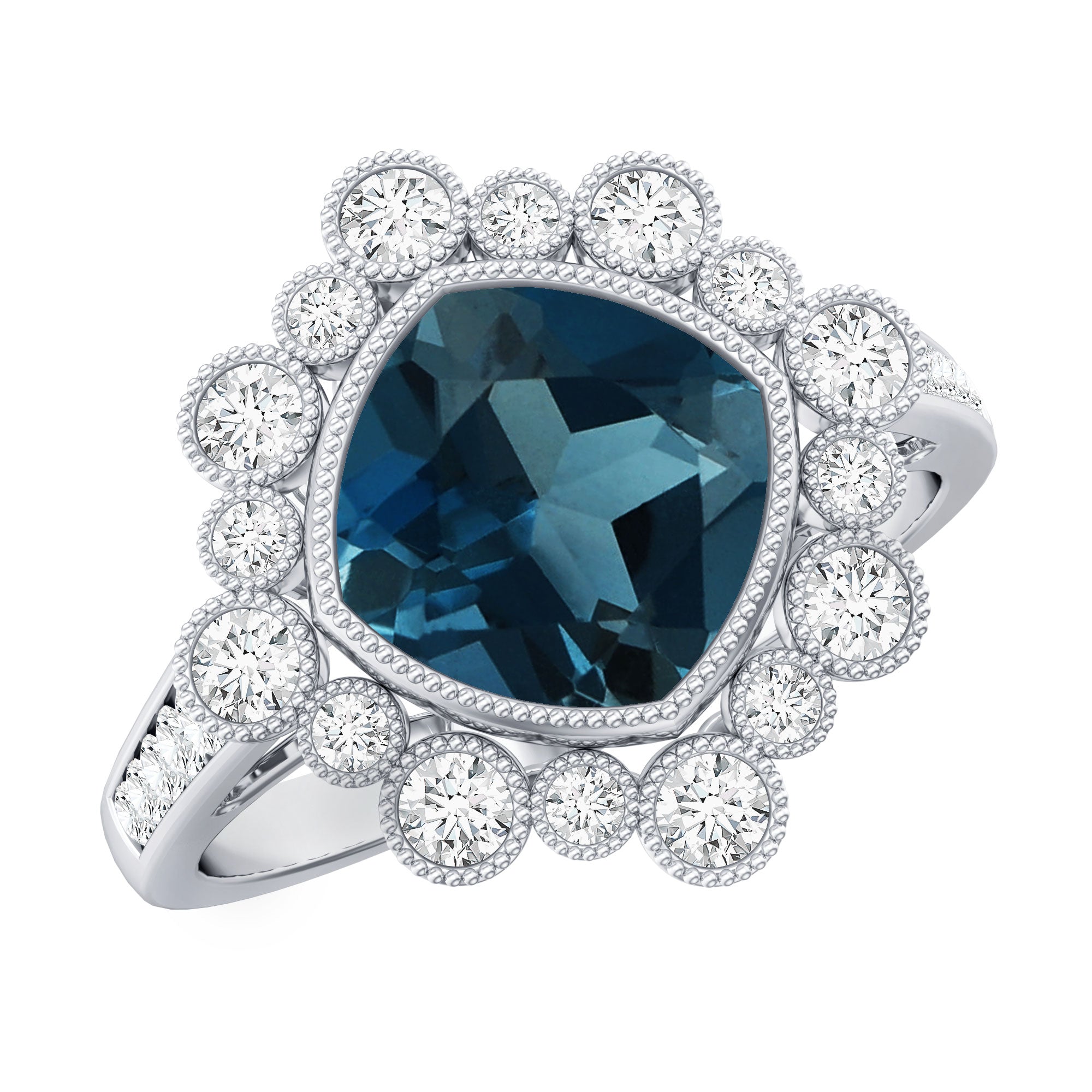 Cushion London Blue Topaz Cocktail Ring with Diamond