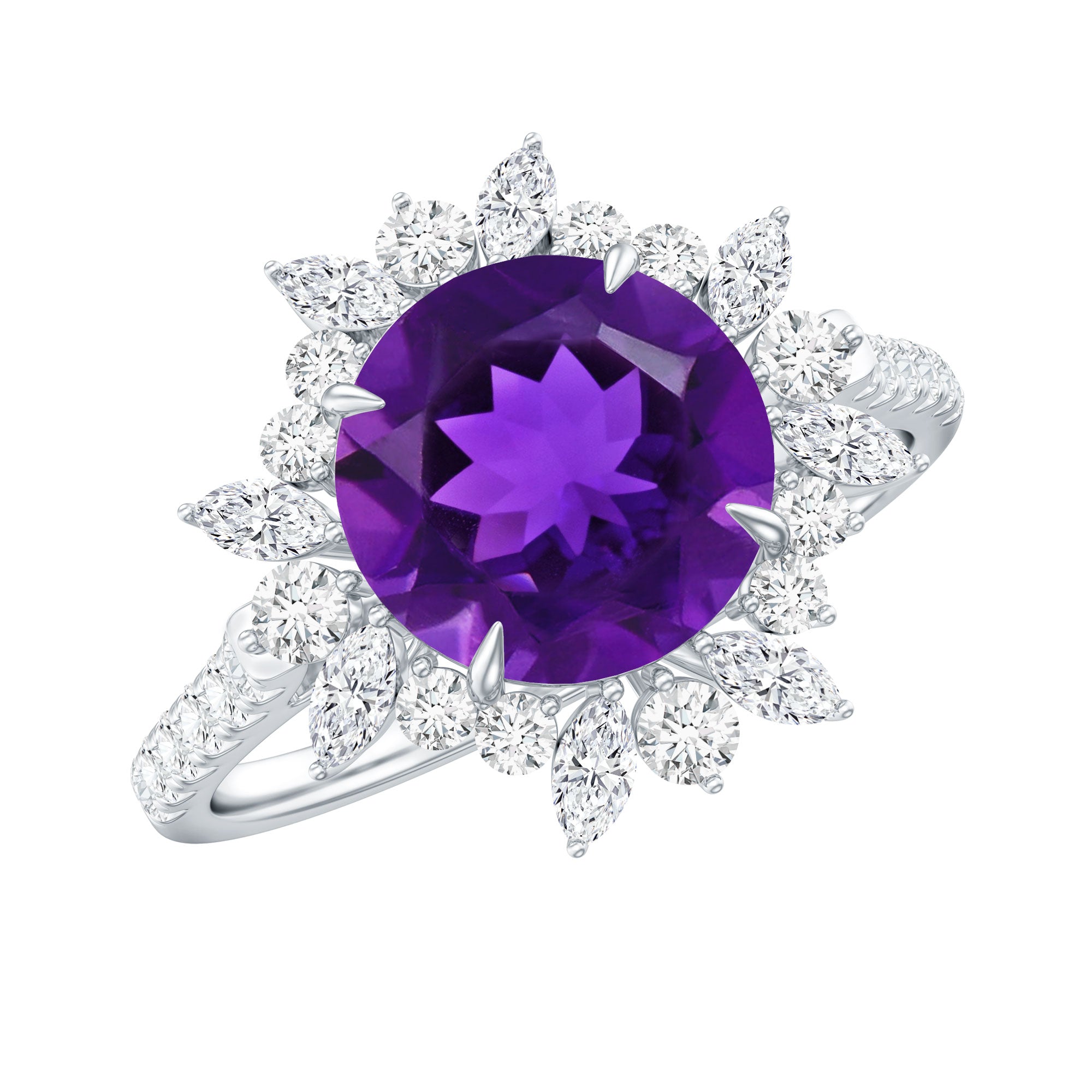 Rosec Jewels-Natural 2 Carat Amethyst Statement Engagement Ring with Moissanite Halo
