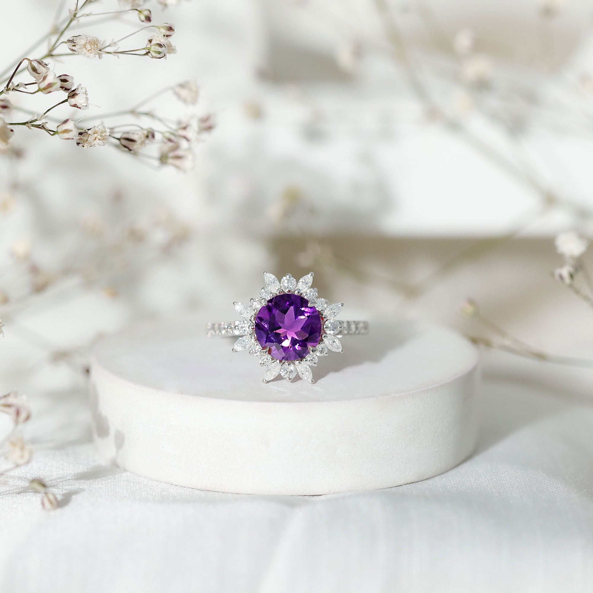 Rosec Jewels-Natural 2 Carat Amethyst Statement Engagement Ring with Moissanite Halo