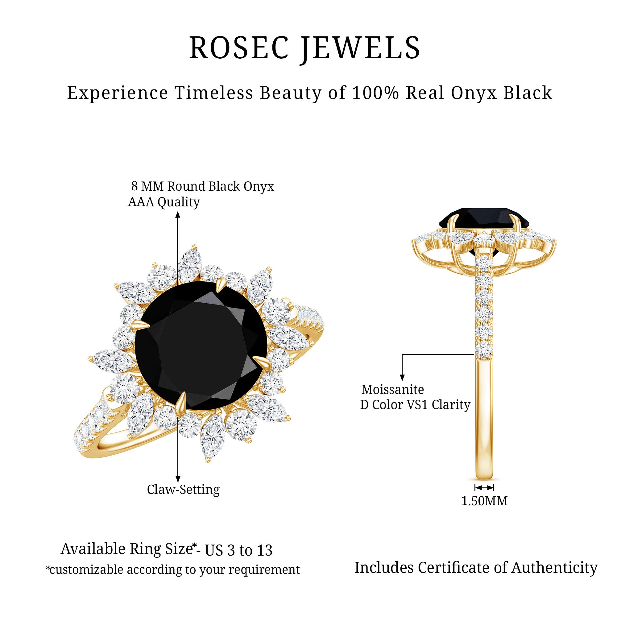 Certified Black Onyx and Moissanite Statement Engagement Ring AAA - Rosec Jewels