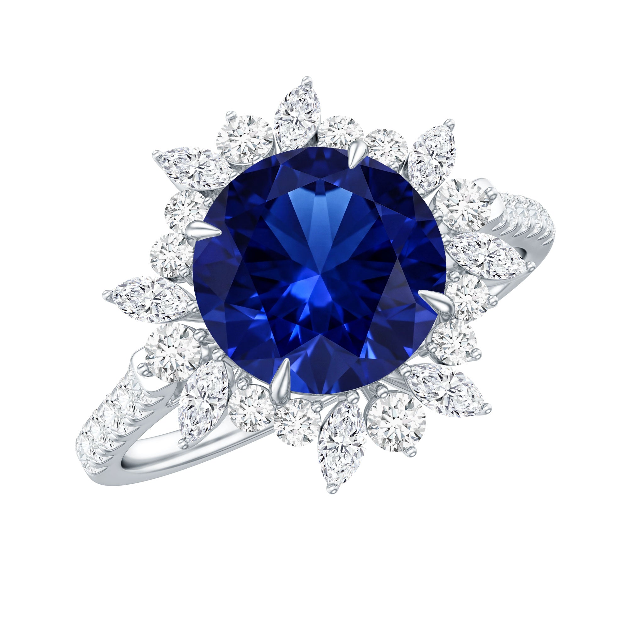 Certified 2.7 Carat Lab Grown Blue Sapphire Engagement Ring with Diamond Halo AAAA - Rosec Jewels