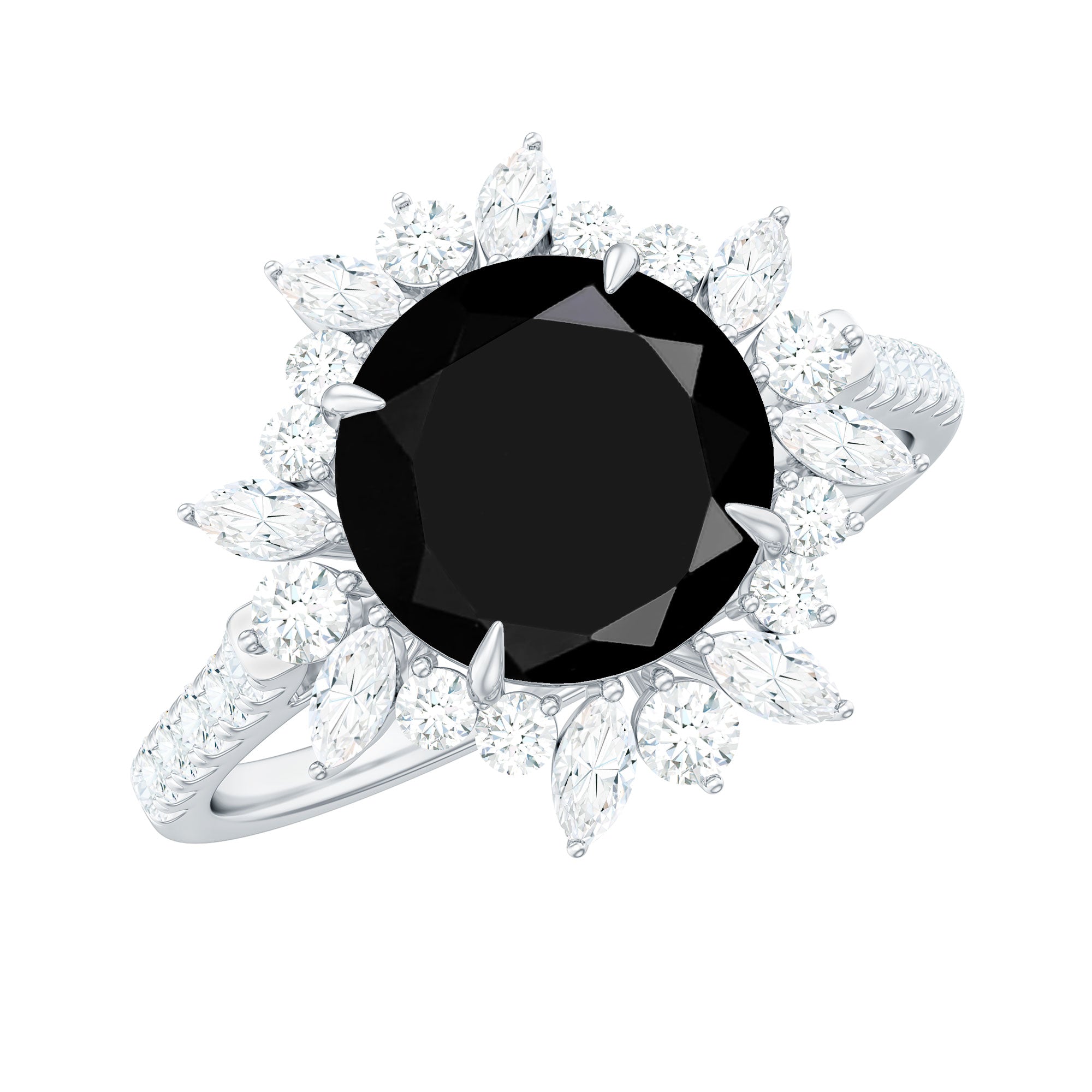 Round Created Black Diamond Statement Ring with Moissanite Floral Halo