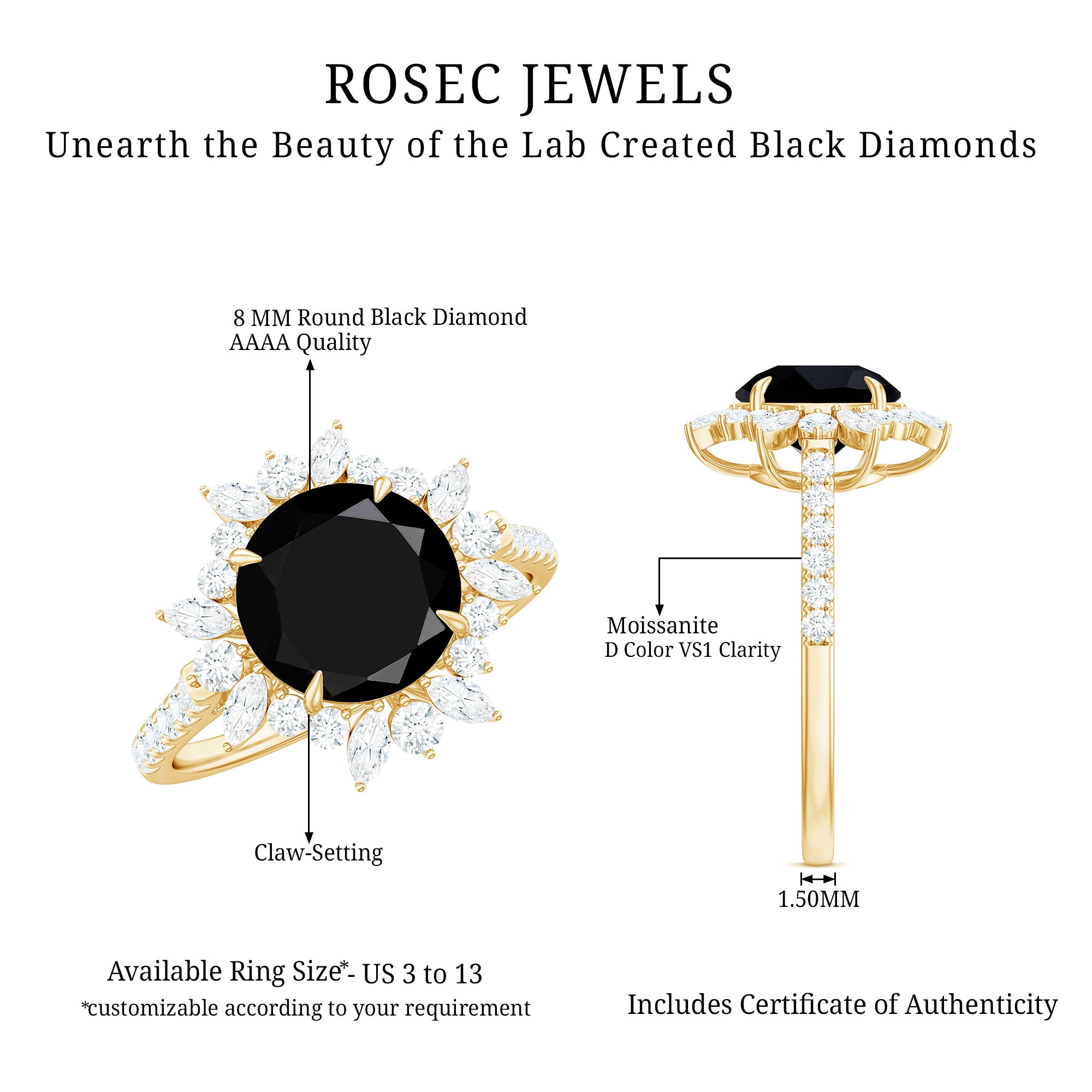 Certified 2 Carat Lab Grown Black Diamond Halo Engagement Ring For Women AAAA ( Synthetic ) - Rosec Jewels