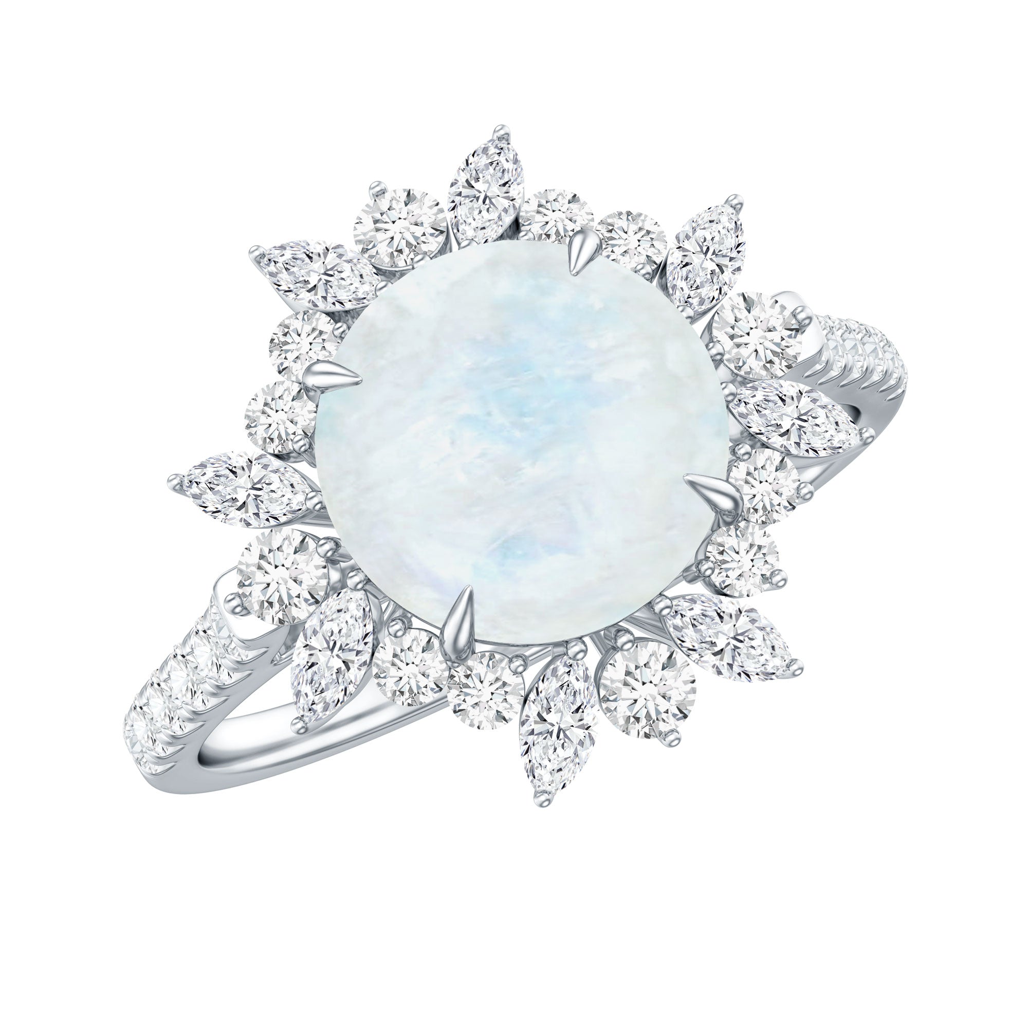 Round Moonstone Statement Ring with Moissanite Floral Halo AAA - Rosec Jewels