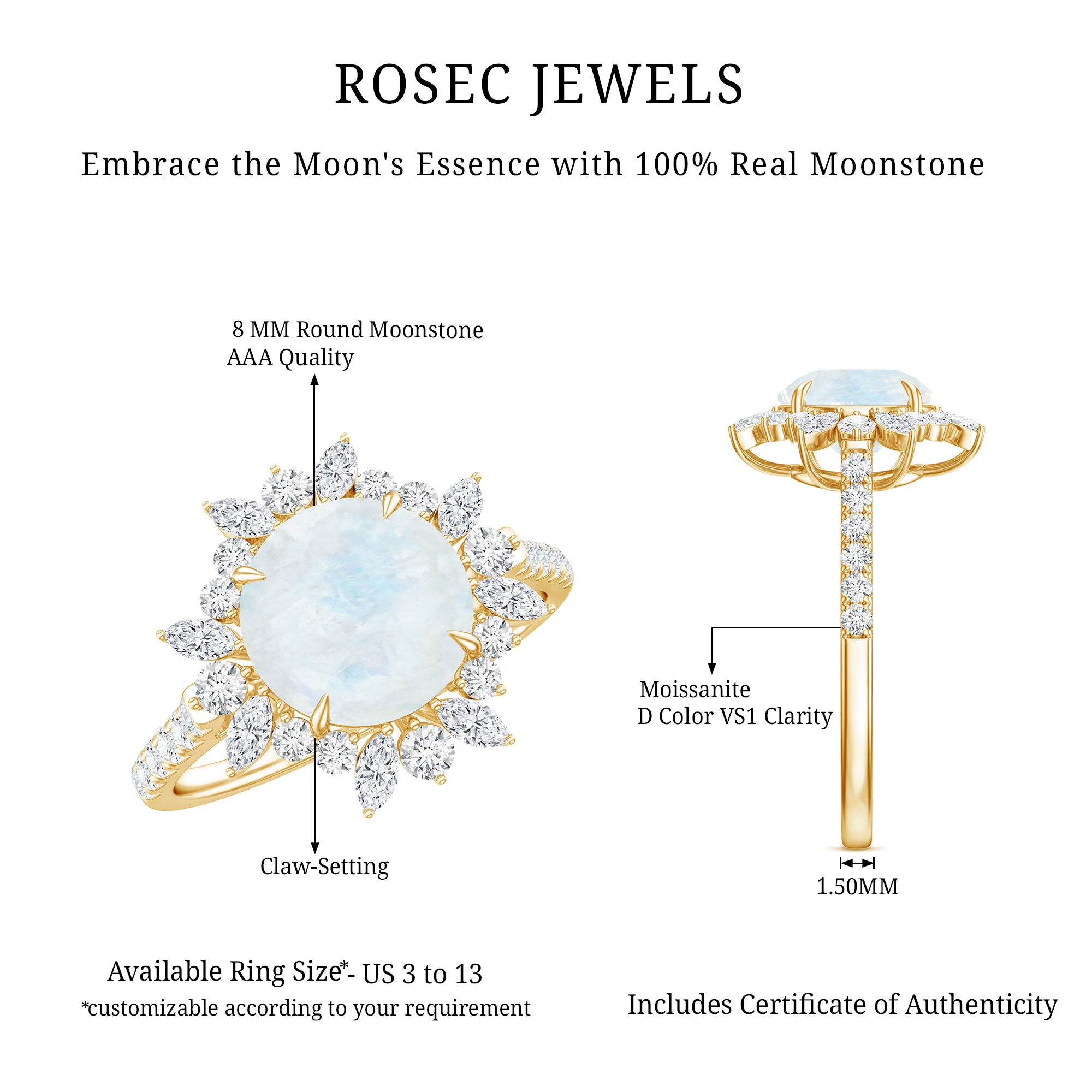 Round Moonstone Statement Ring with Moissanite Floral Halo AAA - Rosec Jewels