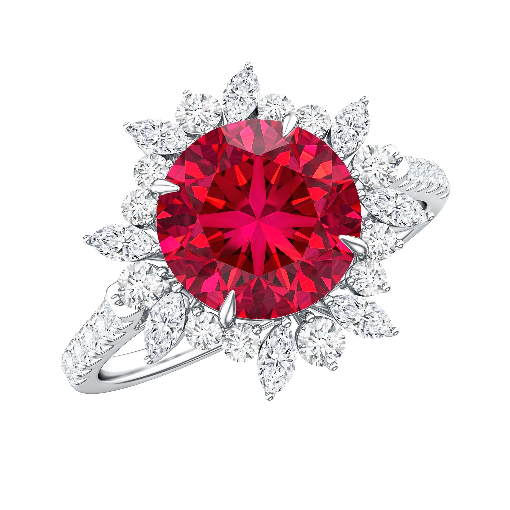 Lab Created Ruby and Diamond Halo Engagement Ring AAAA - Rosec Jewels