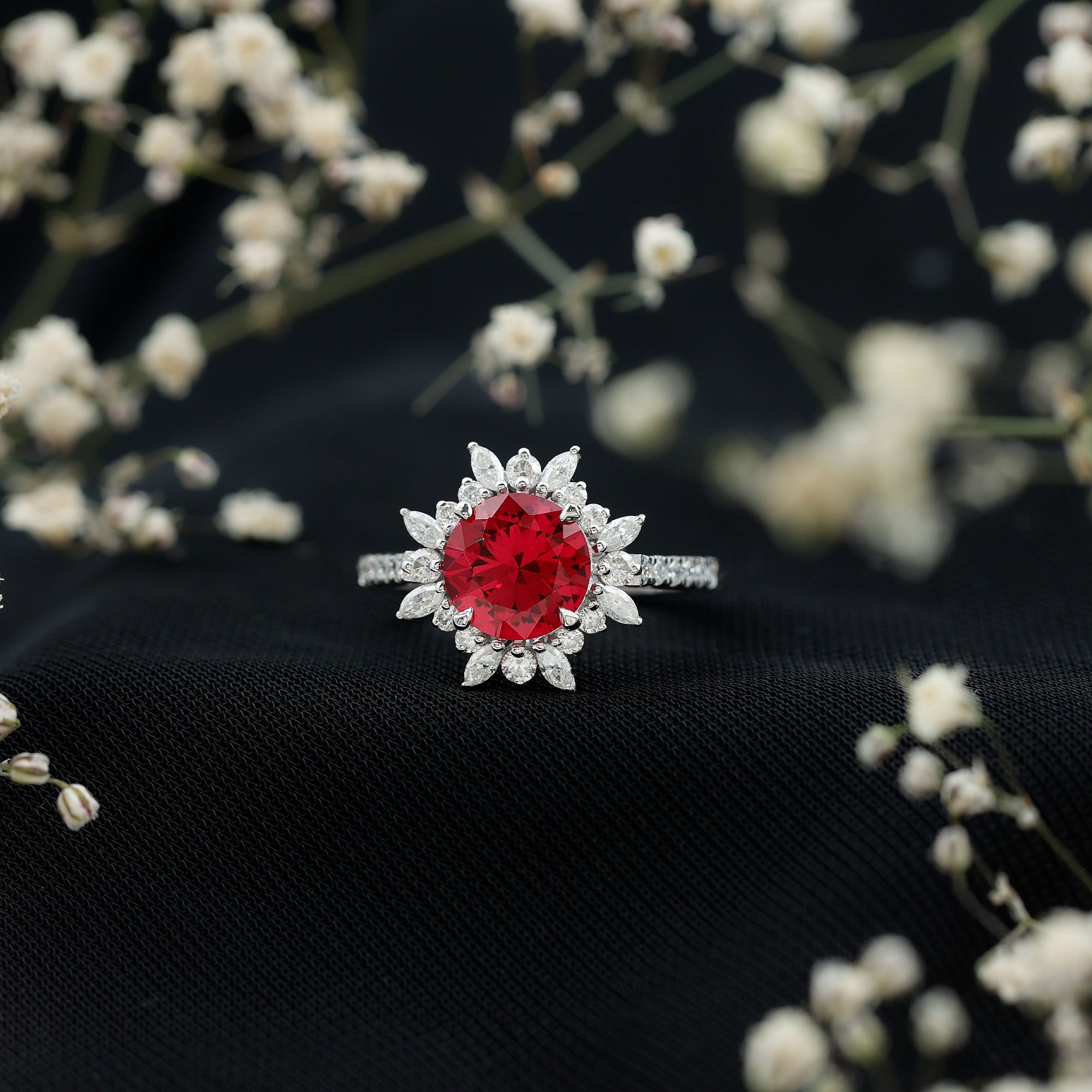 Lab Created Ruby and Diamond Halo Engagement Ring AAAA - Rosec Jewels