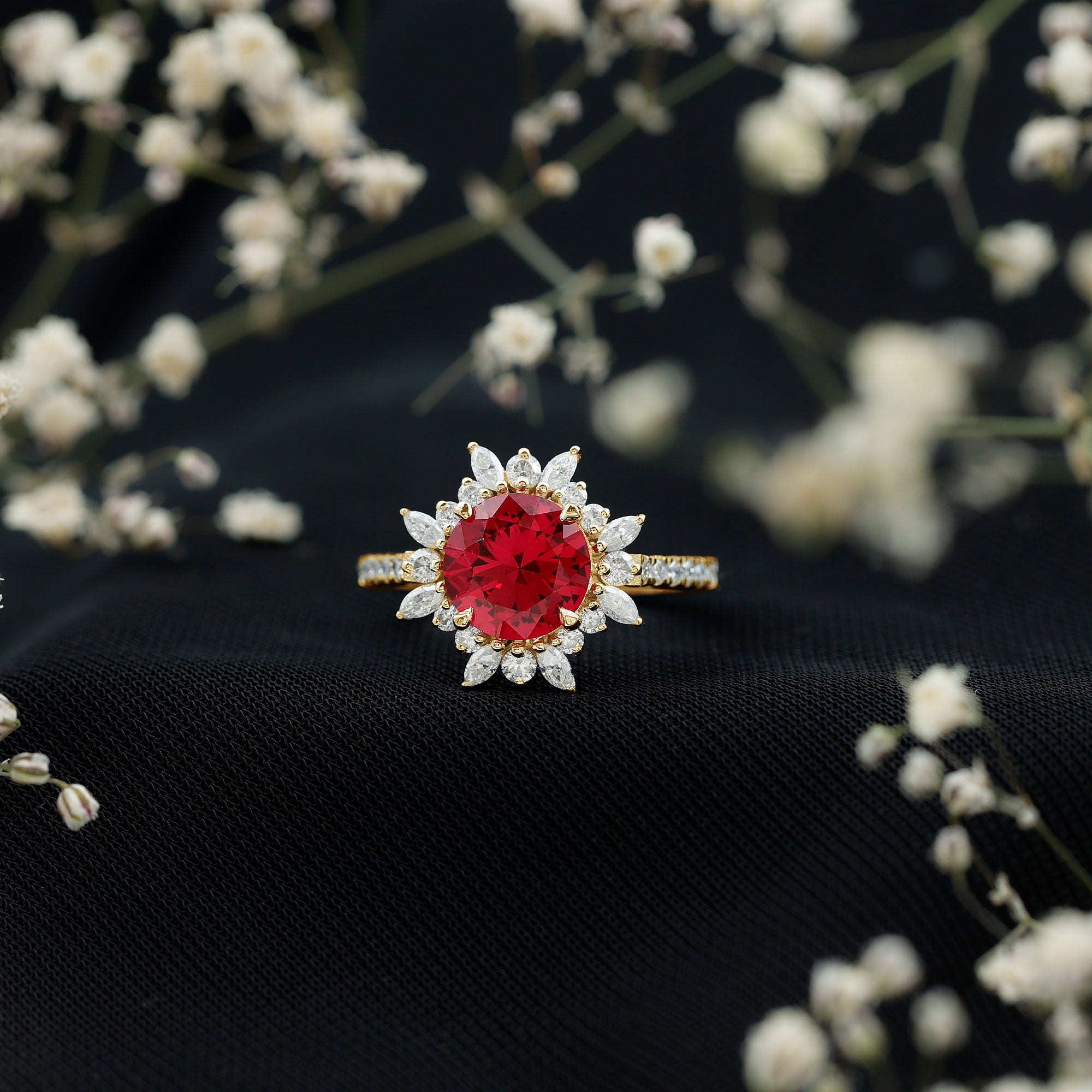 Lab Created Ruby and Diamond Halo Engagement Ring AAAA - Rosec Jewels