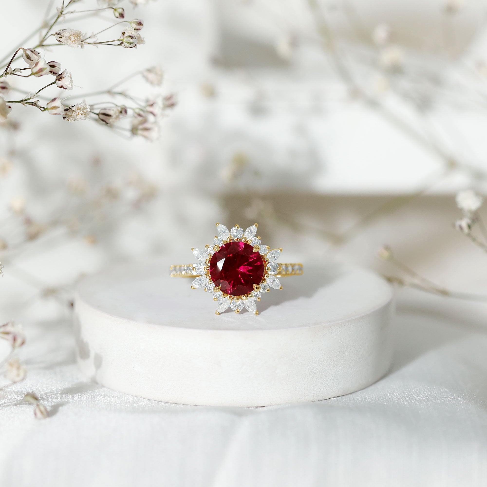 Lab Created Ruby and Diamond Halo Engagement Ring AAAA - Rosec Jewels