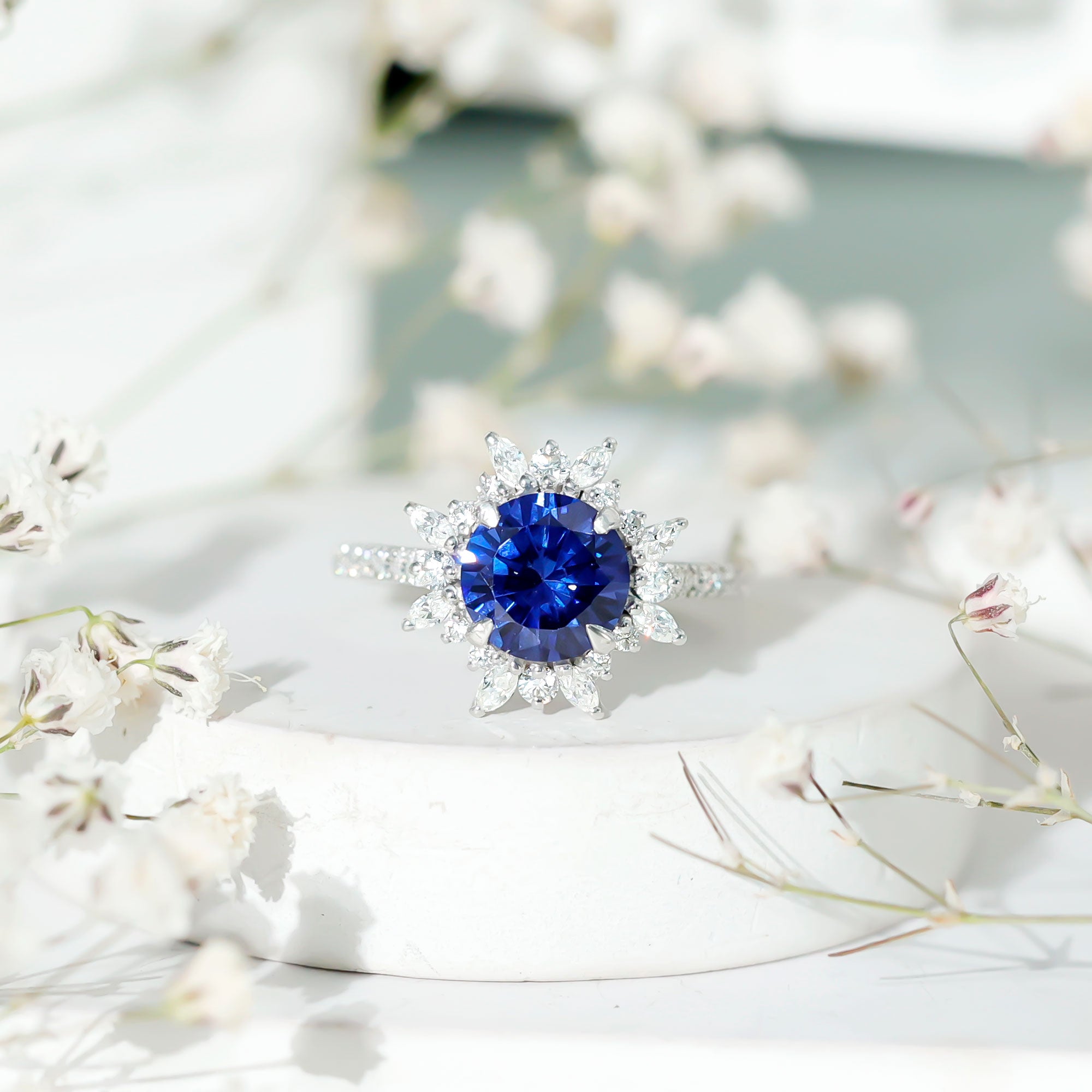 Lab Grown Blue Sapphire And Moissanite Floral Inspired Ring AAAA - Rosec Jewels