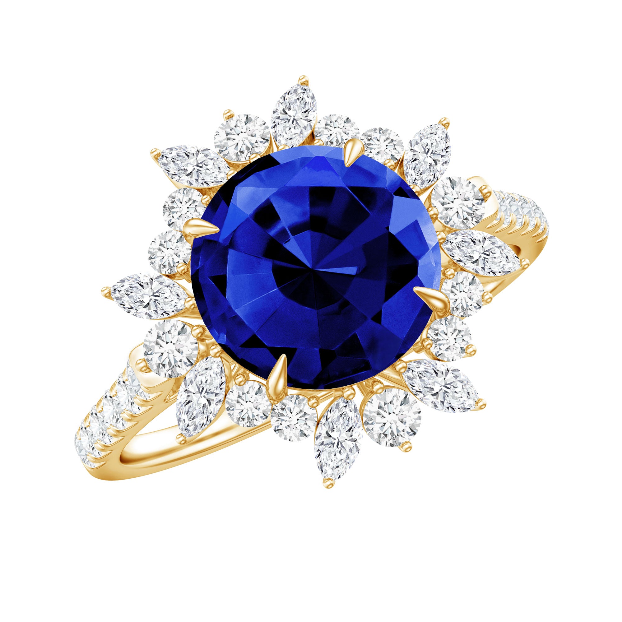 Lab Grown Blue Sapphire And Moissanite Floral Inspired Ring AAAA - Rosec Jewels