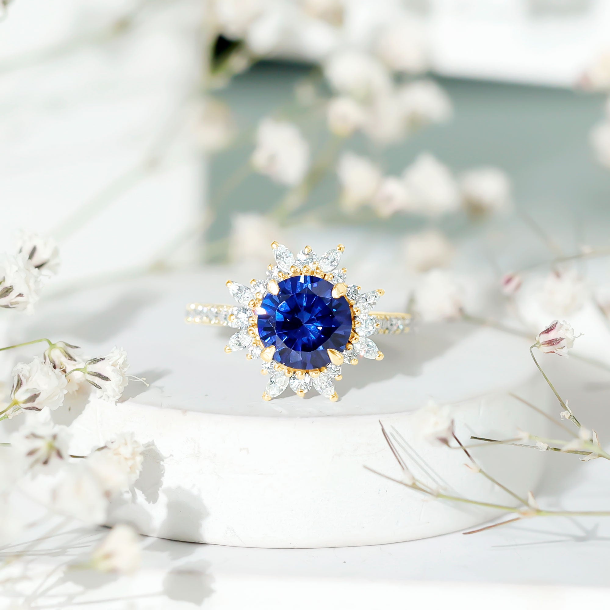 Lab Grown Blue Sapphire And Moissanite Floral Inspired Ring AAAA - Rosec Jewels