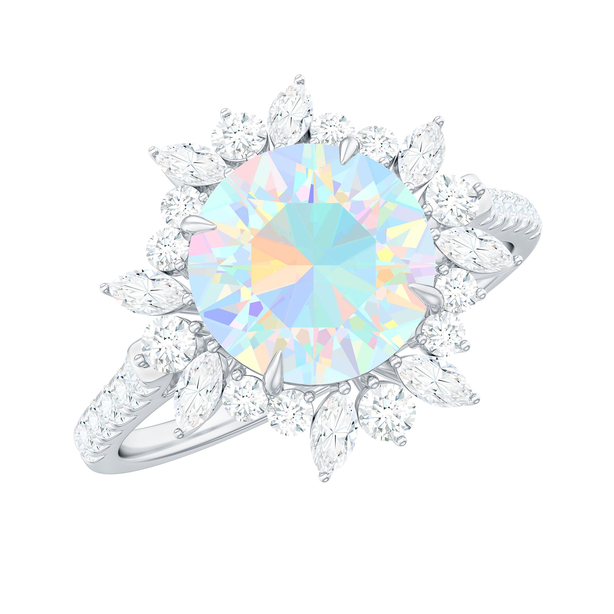 Natural 8mm Opalescent Halo Engagement Ring with Side Stones