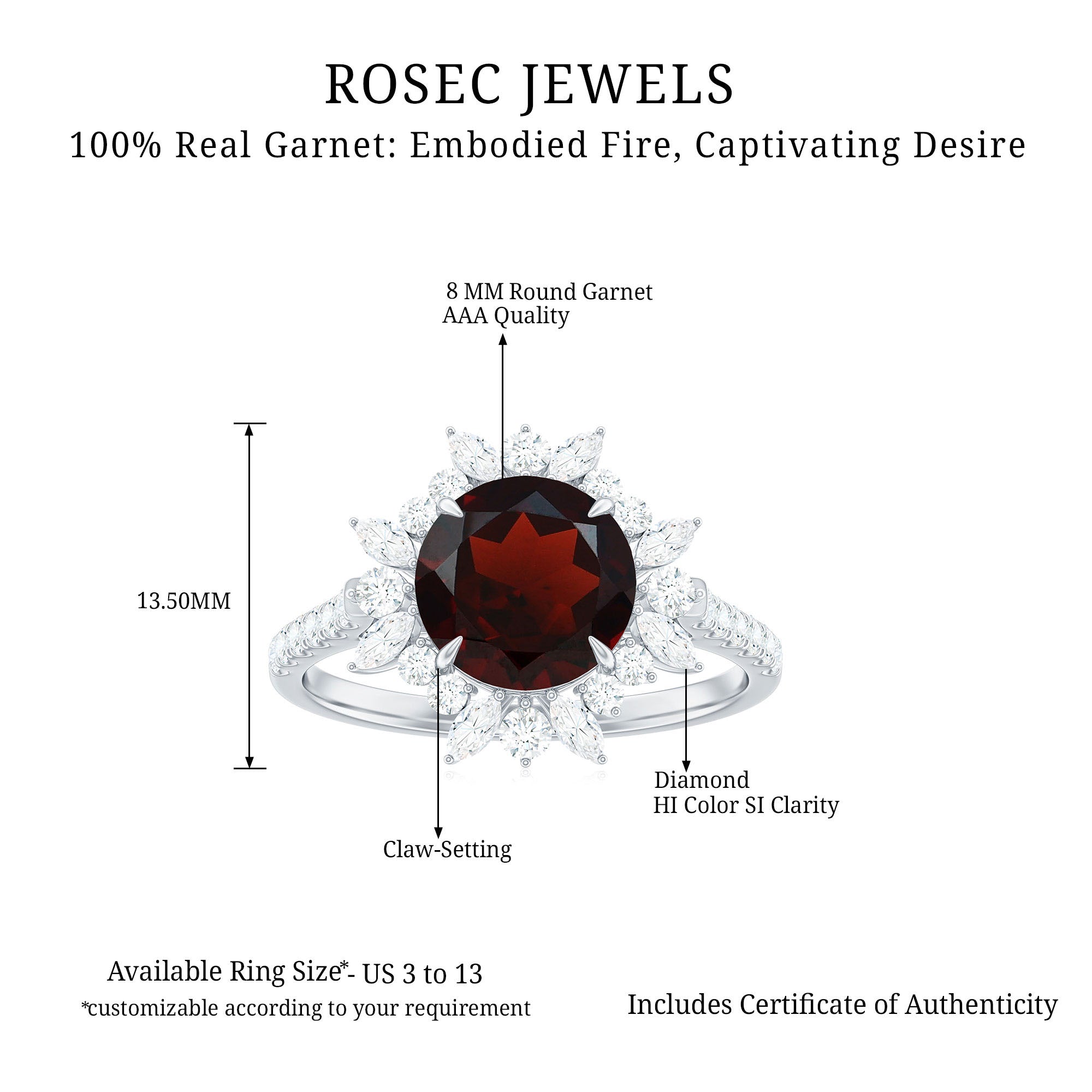 Real 8mm Garnet Statement Engagement Ring with Diamond Halo AAA - Rosec Jewels