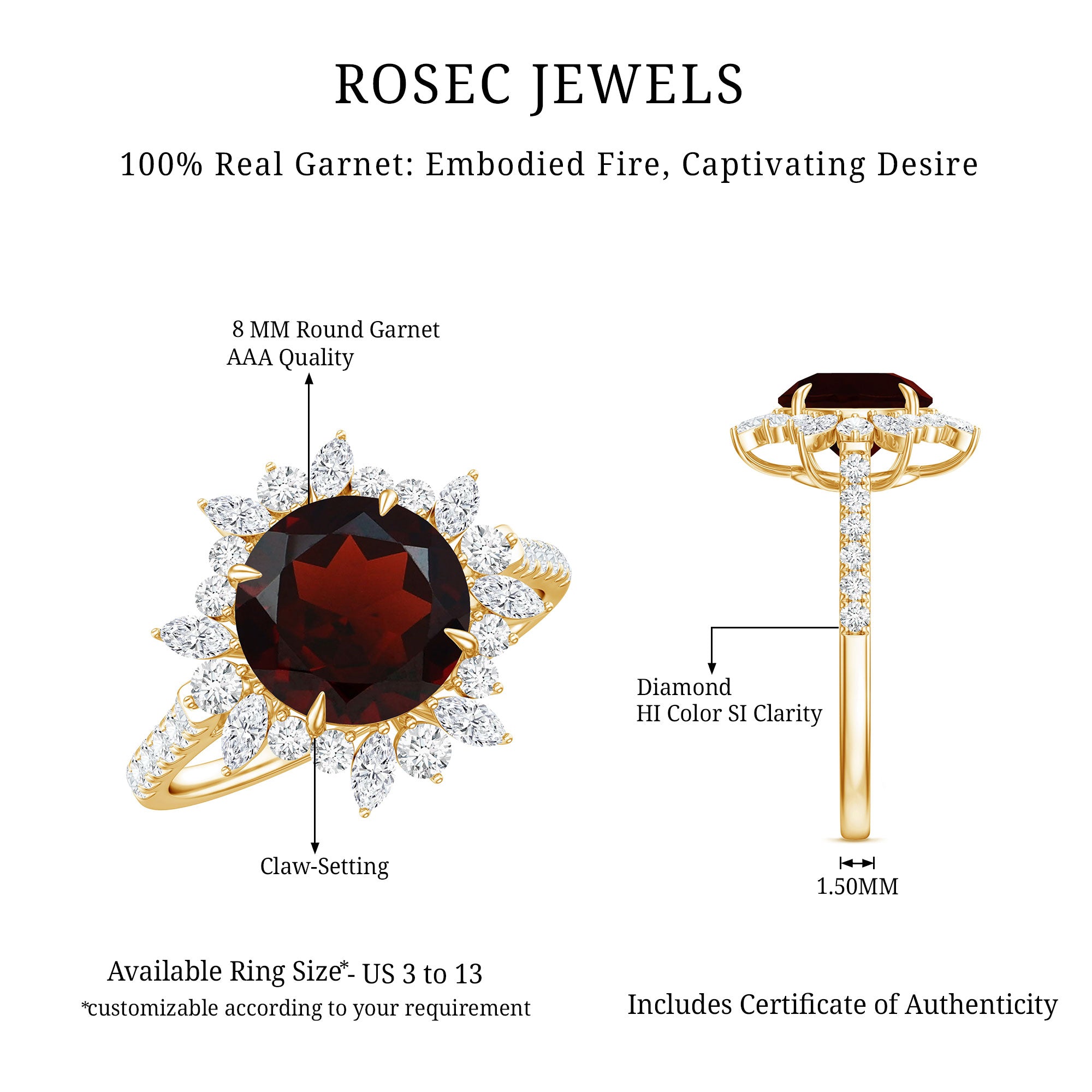 Real 8mm Garnet Statement Engagement Ring with Diamond Halo AAA - Rosec Jewels