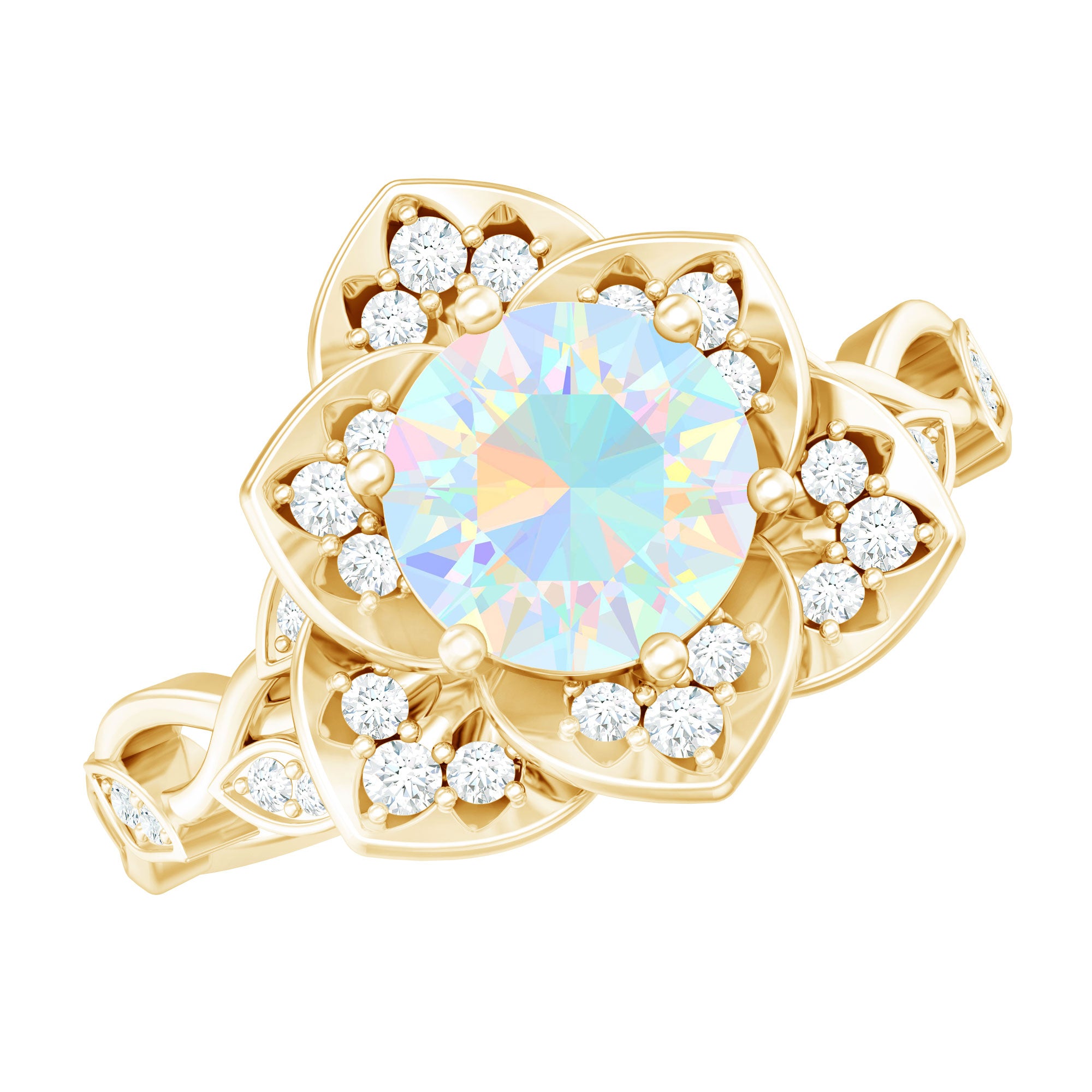 Natural 8mm Ethiopian Opal Flower Engagement Ring with Diamond AAA - Rosec Jewels